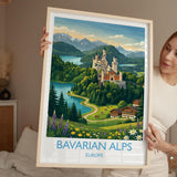 Bavarian Alps Travel Poster, Neuschwanstein Castle Wall Art, Bavaria Germany Print, Alpine Mountain Landscape Illustration, Europe Decor