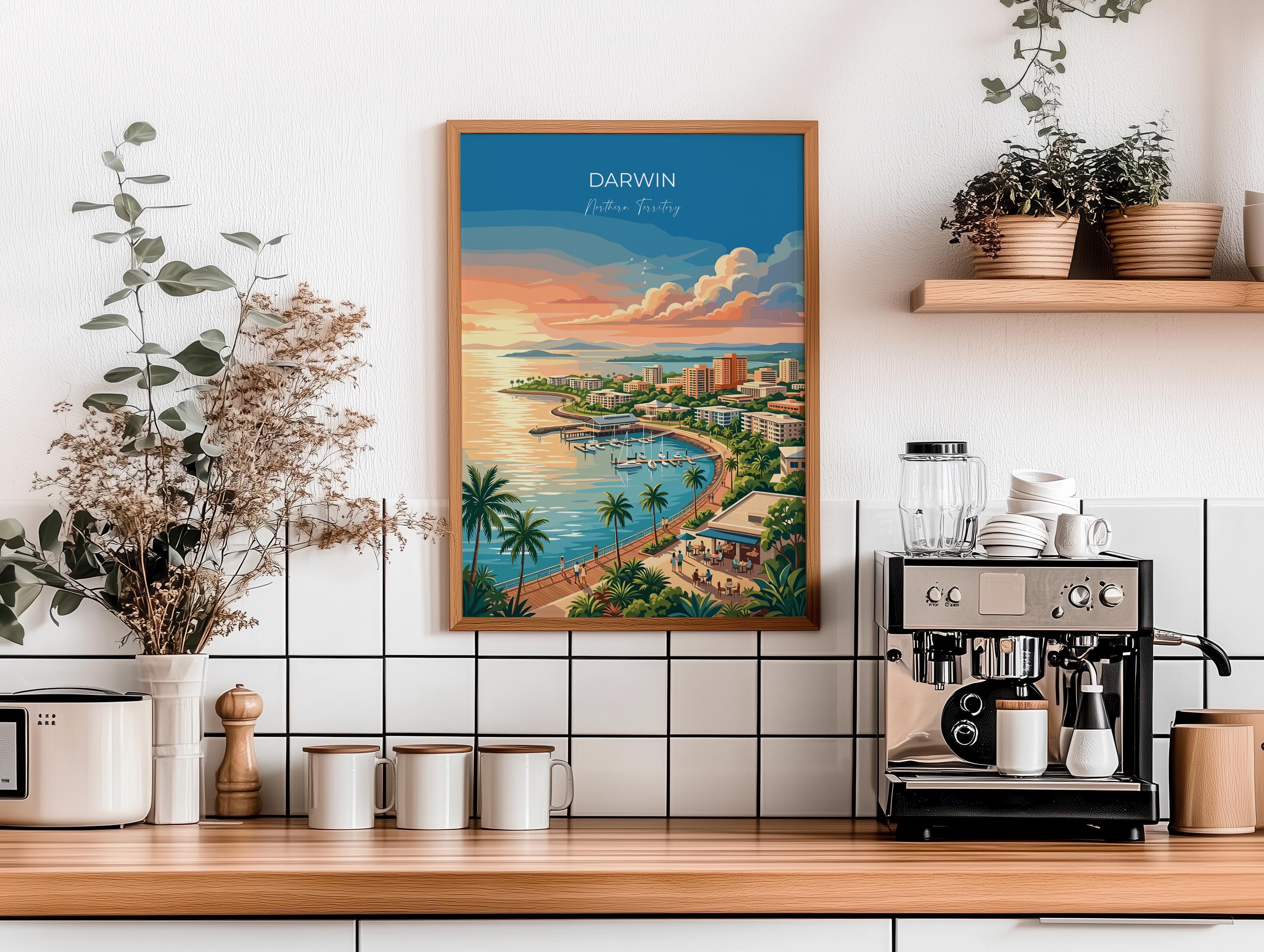 Darwin Australia Travel Print, Darwin Waterfront Wall Art, Northern Territory Poster, Tropical Cityscape Illustration, Australia Art Decor