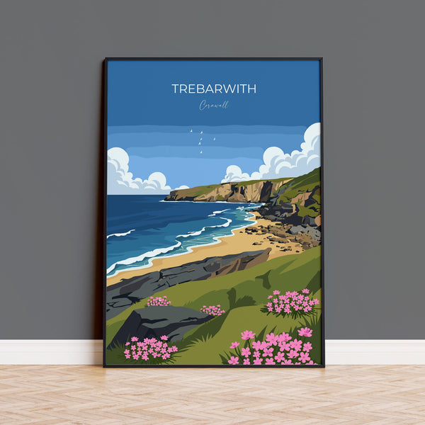 Trebarwith Travel Poster, Travel Print of Trebarwith, England, Cornwall Art, Trebarwith Art Lovers Gift, Wall Art Print