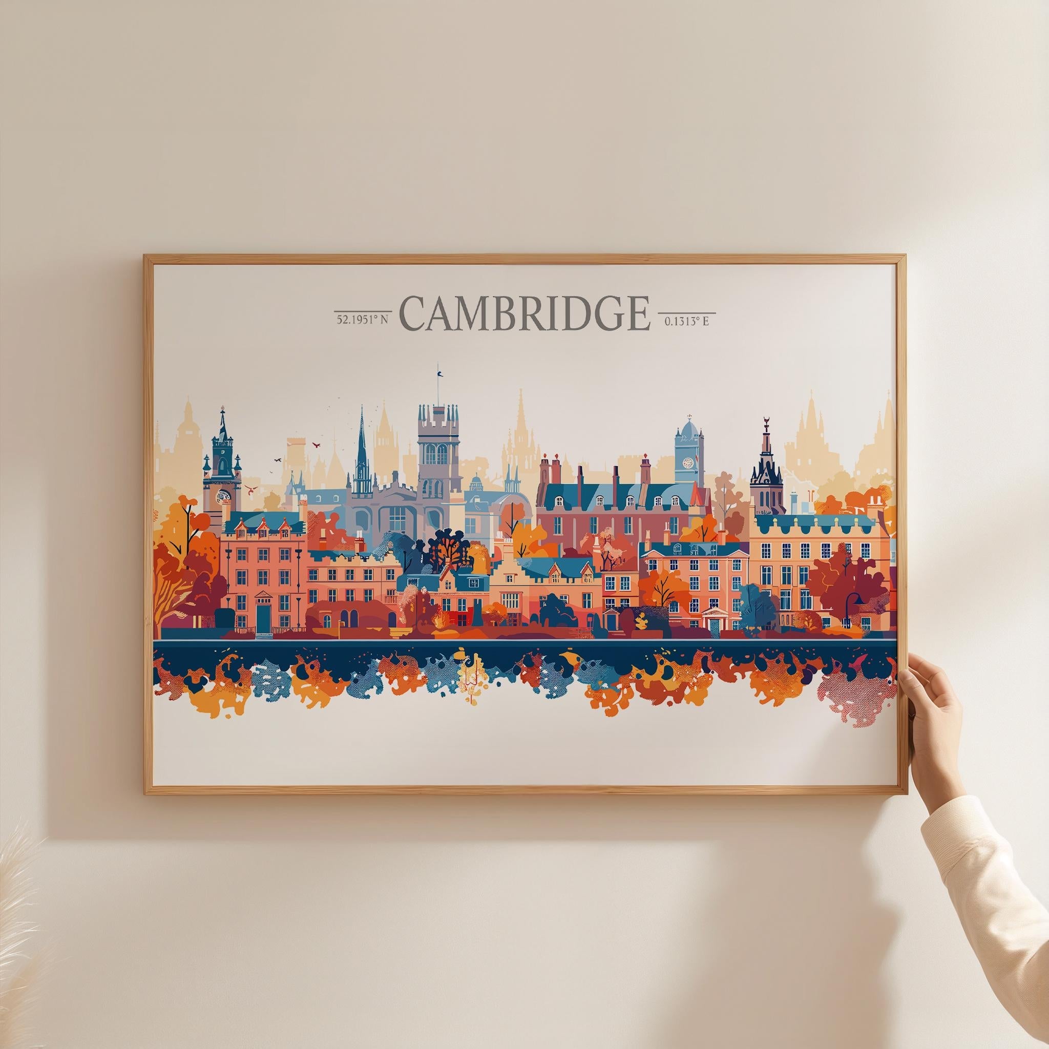 Cambridge Travel Poster Skyline Wall Art Landscape, Travel Print of Cambridge, Cambridge Art Lovers Gift, England Horizontal Art Gift NQ Media Designs