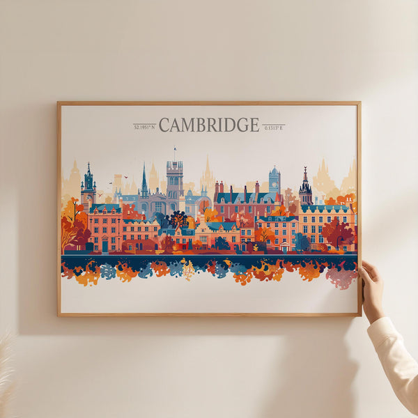 Cambridge Travel Poster Skyline Wall Art Landscape, Travel Print of Cambridge, Cambridge Art Lovers Gift, England Horizontal Art Gift