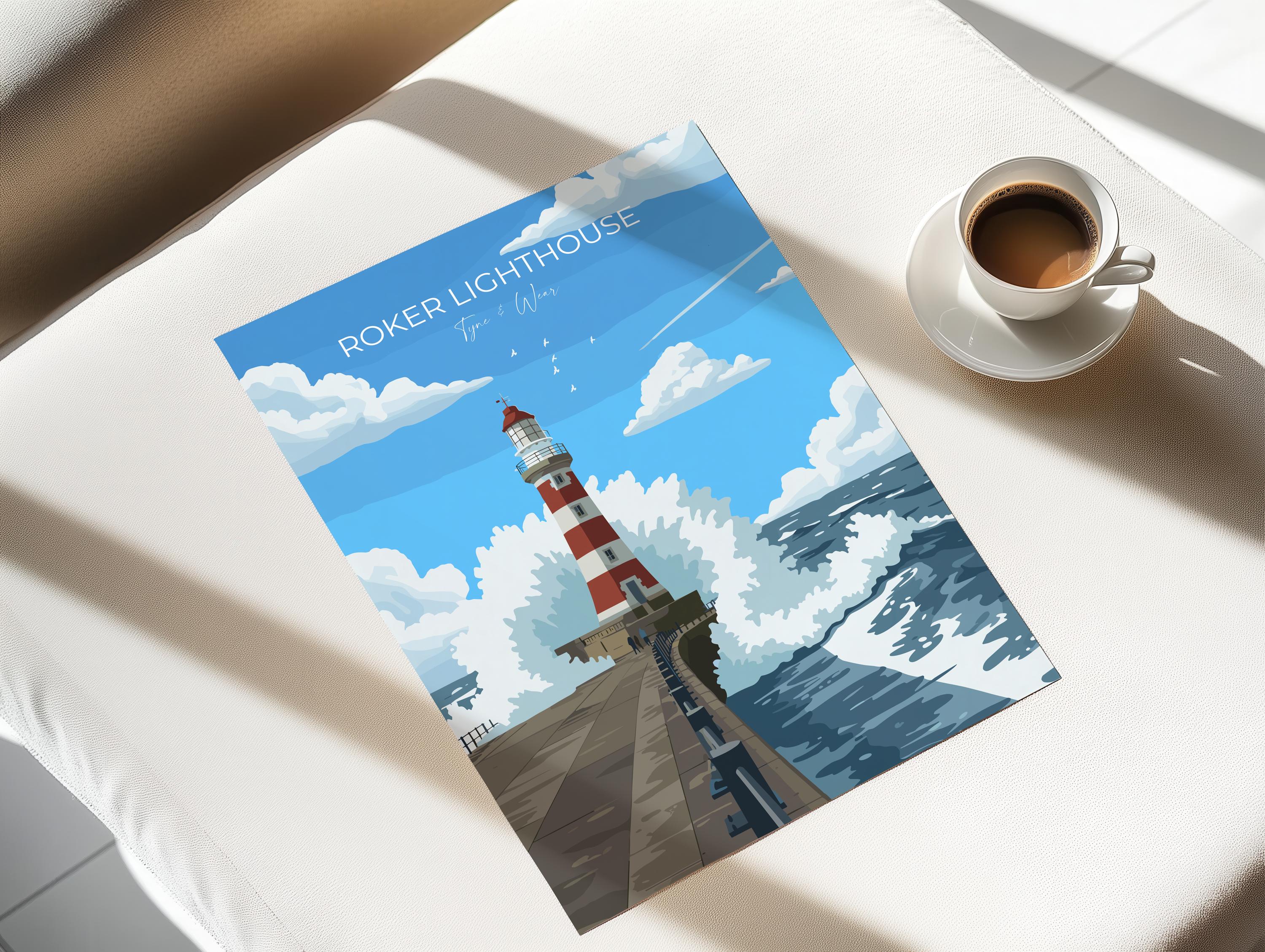 Roker Lighthouse Travel Poster Wall Art, Travel Print of Roker Pier Lighthouse, Sunderland, Northern England, Tyne & Wear Art Gift NQ Media Designs