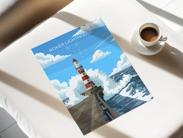 Roker Lighthouse Travel Poster Wall Art, Travel Print of Roker Pier Lighthouse, Sunderland, Northern England, Tyne & Wear Art Gift