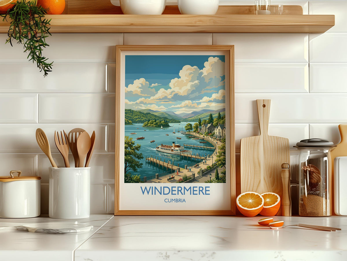 Windermere Print, Lake District Wall Art with Border, Cumbria Poster, England Travel Print, Windermere Gift Print