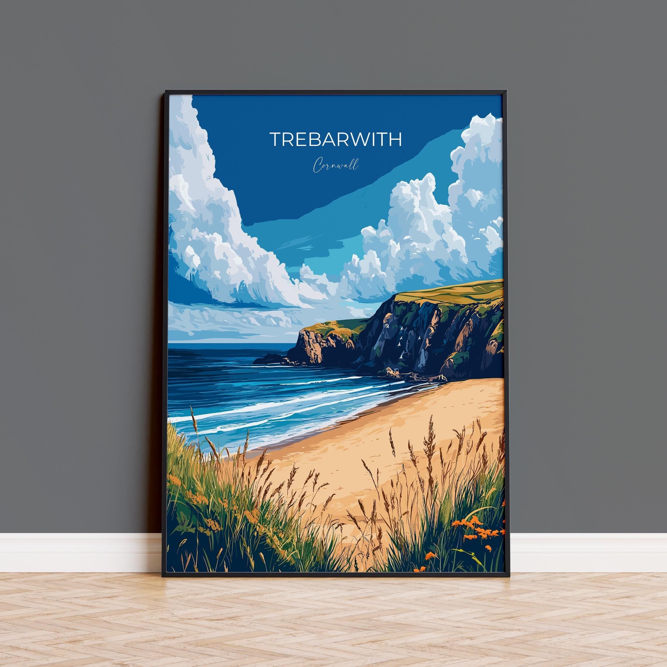 Trebarwith Travel Poster, Travel Print of Trebarwith, England, Cornwall Art, Trebarwith Art Lovers Gift, Wall Art Print NQ Media Designs