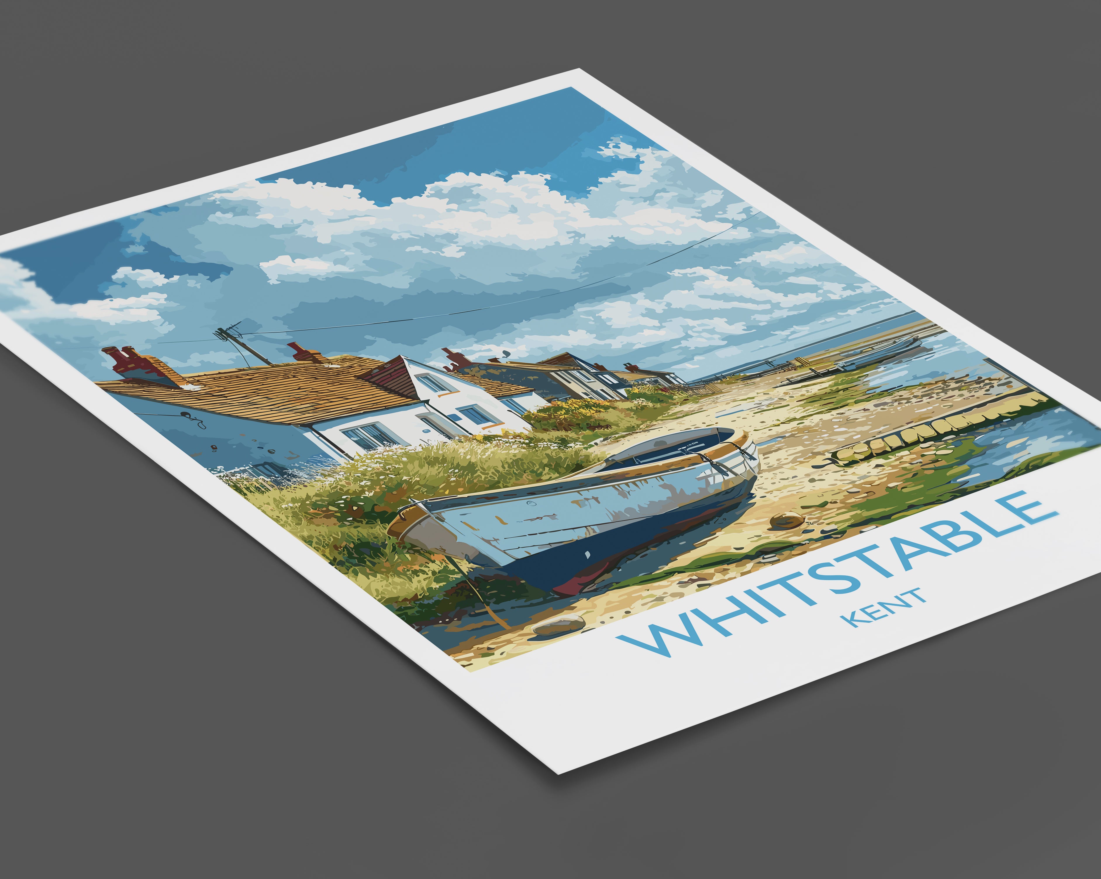 A vintage postcard depicting a coastal village in Kent, England, with a small boat on the shore and colorful houses along the beach.