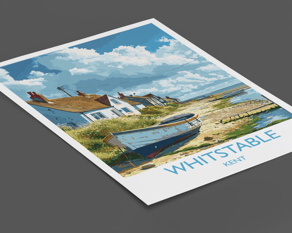 A vintage postcard depicting a coastal village in Kent, England, with a small boat on the shore and colorful houses along the beach.