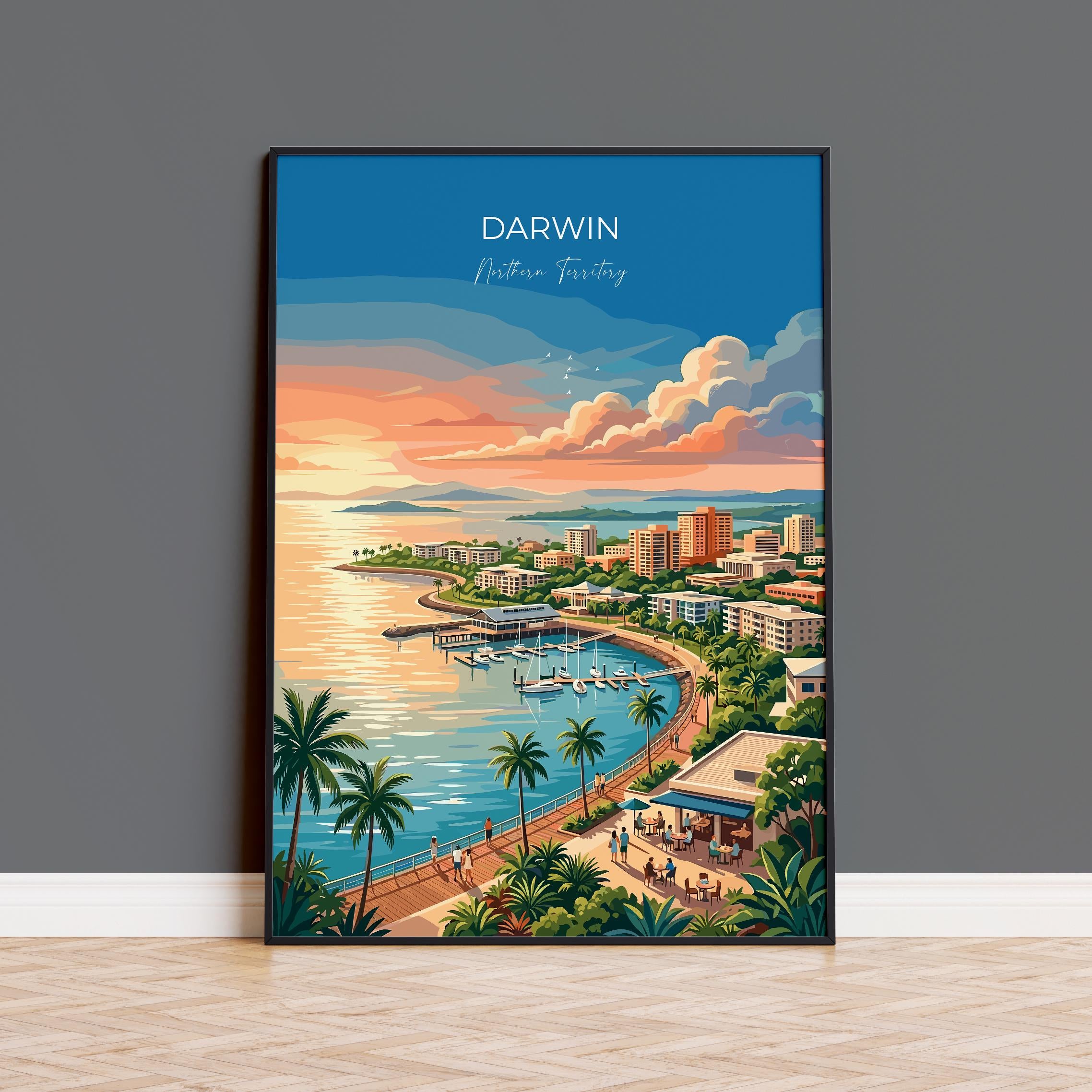 Darwin Australia Travel Print, Darwin Waterfront Wall Art, Northern Territory Poster, Tropical Cityscape Illustration, Australia Art Decor