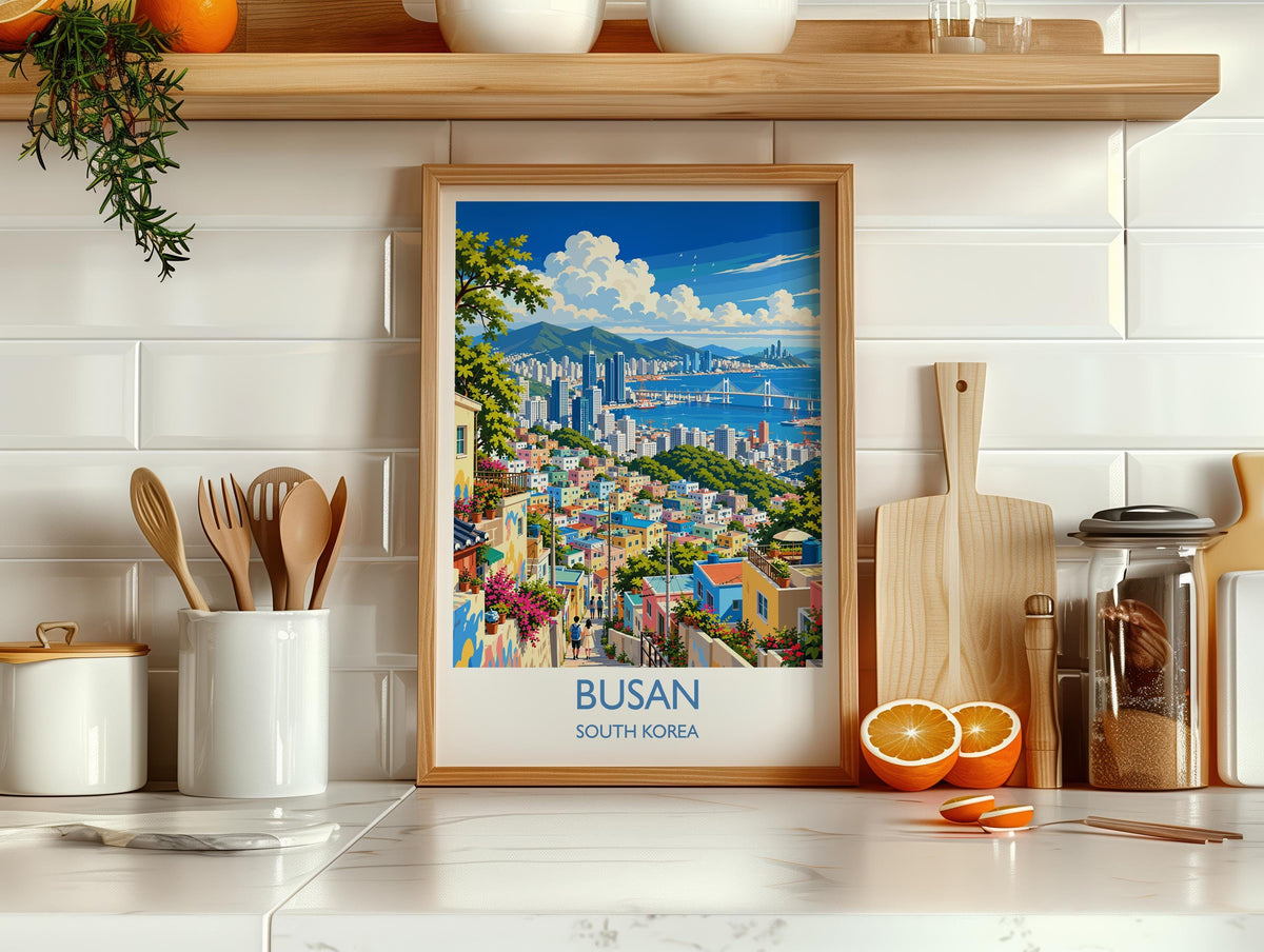 Busan Travel Print, South Korea Wall Art with Border, Gamcheon Culture Village Poster, Gwangan Bridge Art Print, Busan Gift