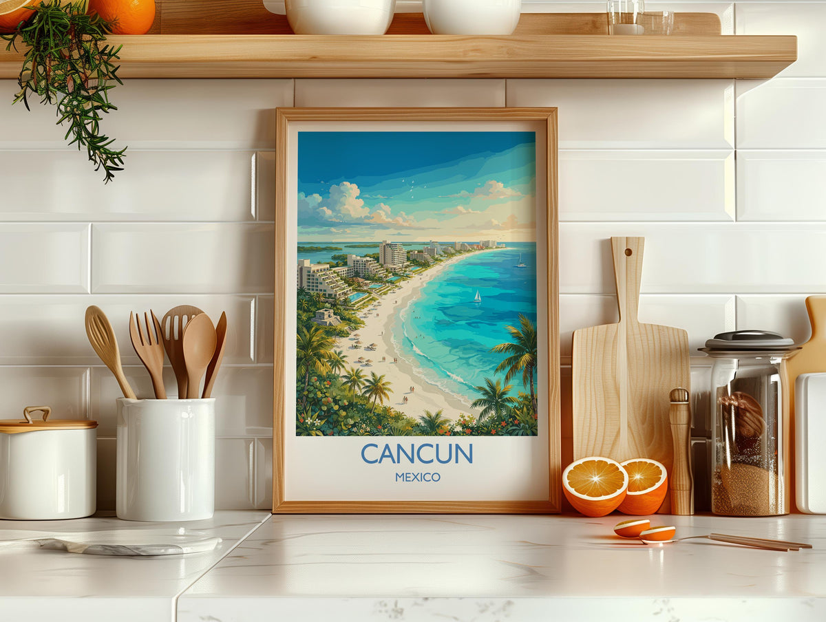 Cancun Mexico Print, Beach Wall Art with Border, Caribbean Poster, Mexico Travel Print, Cancun Gift Print