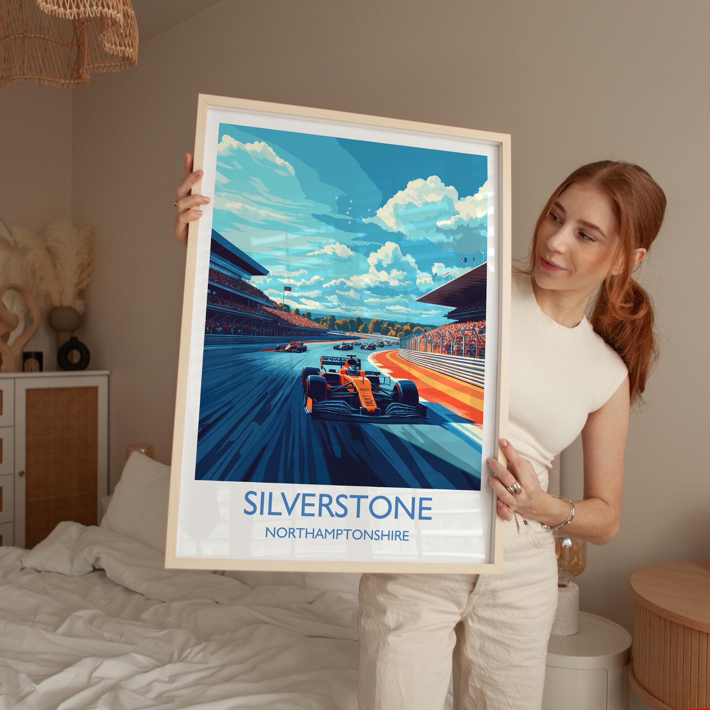 Silverstone Travel Poster Wall Art, Travel Print of Silverstone, Motorsport Art Lovers Gift, Northamptonshire, English Countryside NQ Media Designs