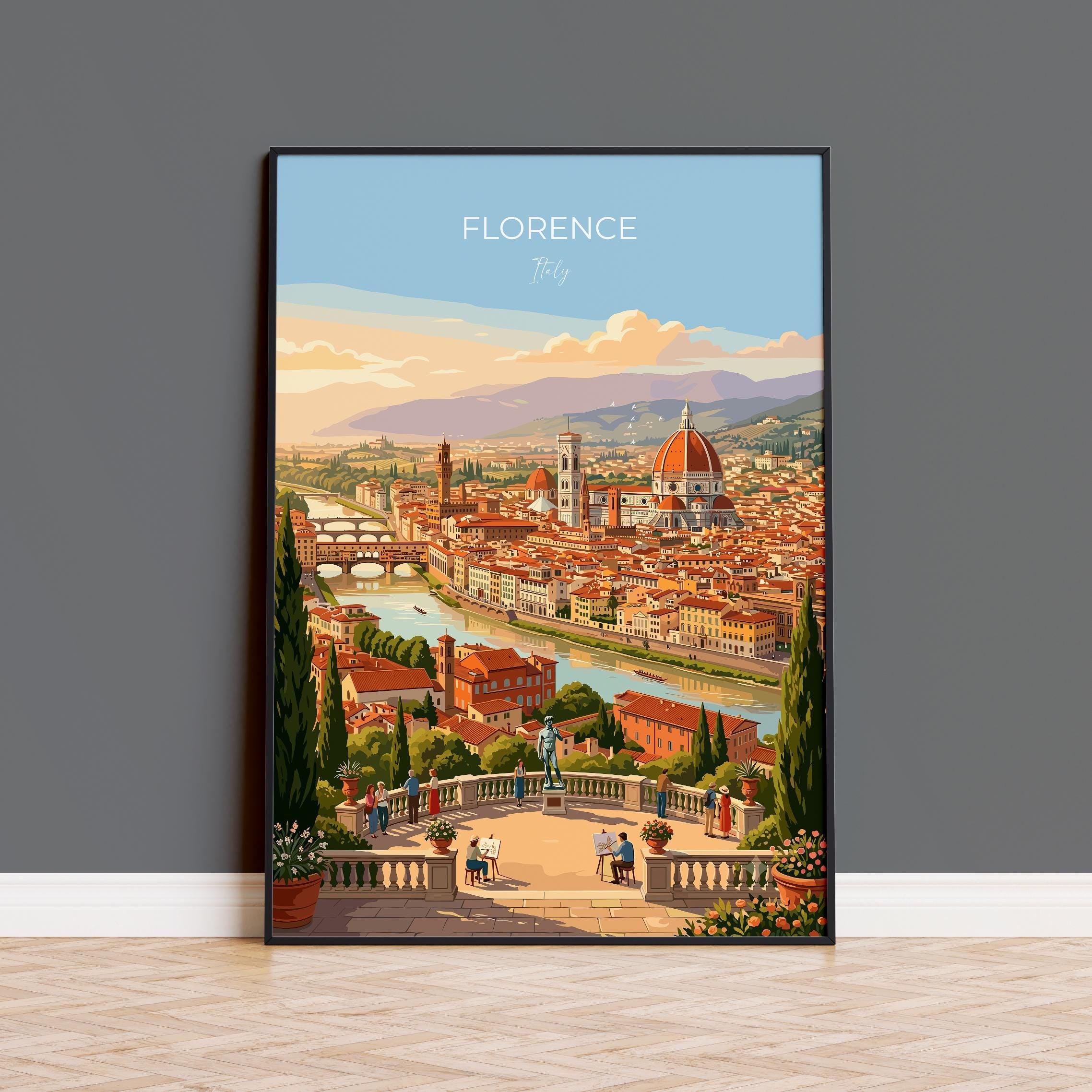 Florence Italy Travel Print, Piazzale Michelangelo View, Florence Skyline Wall Art, Duomo Poster, Tuscany Vintage Travel Poster