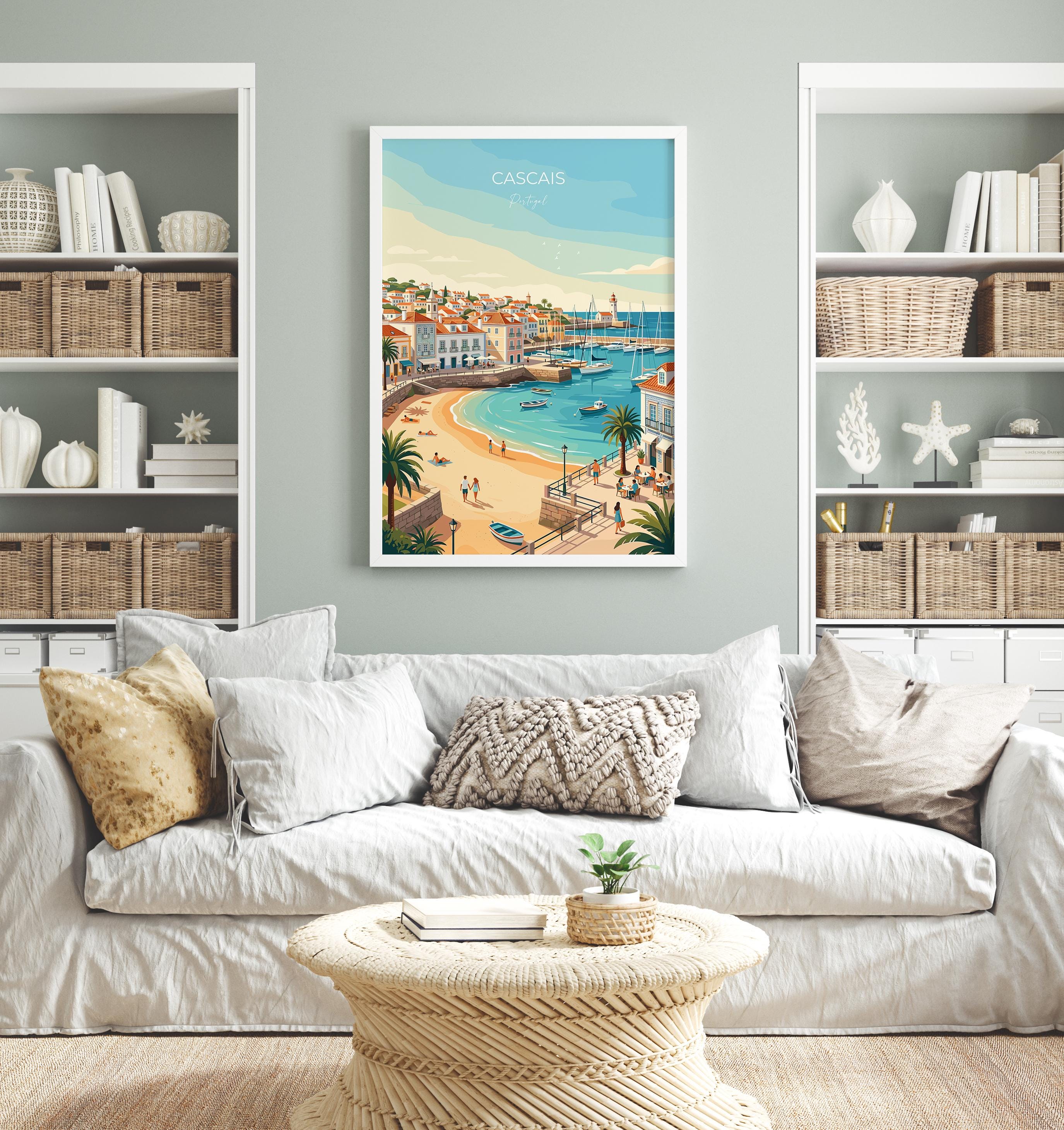 Cascais Portugal Travel Print, Portuguese Coast Wall Art, Seaside Town Poster, Atlantic Ocean Landscape Illustration, Europe Decor