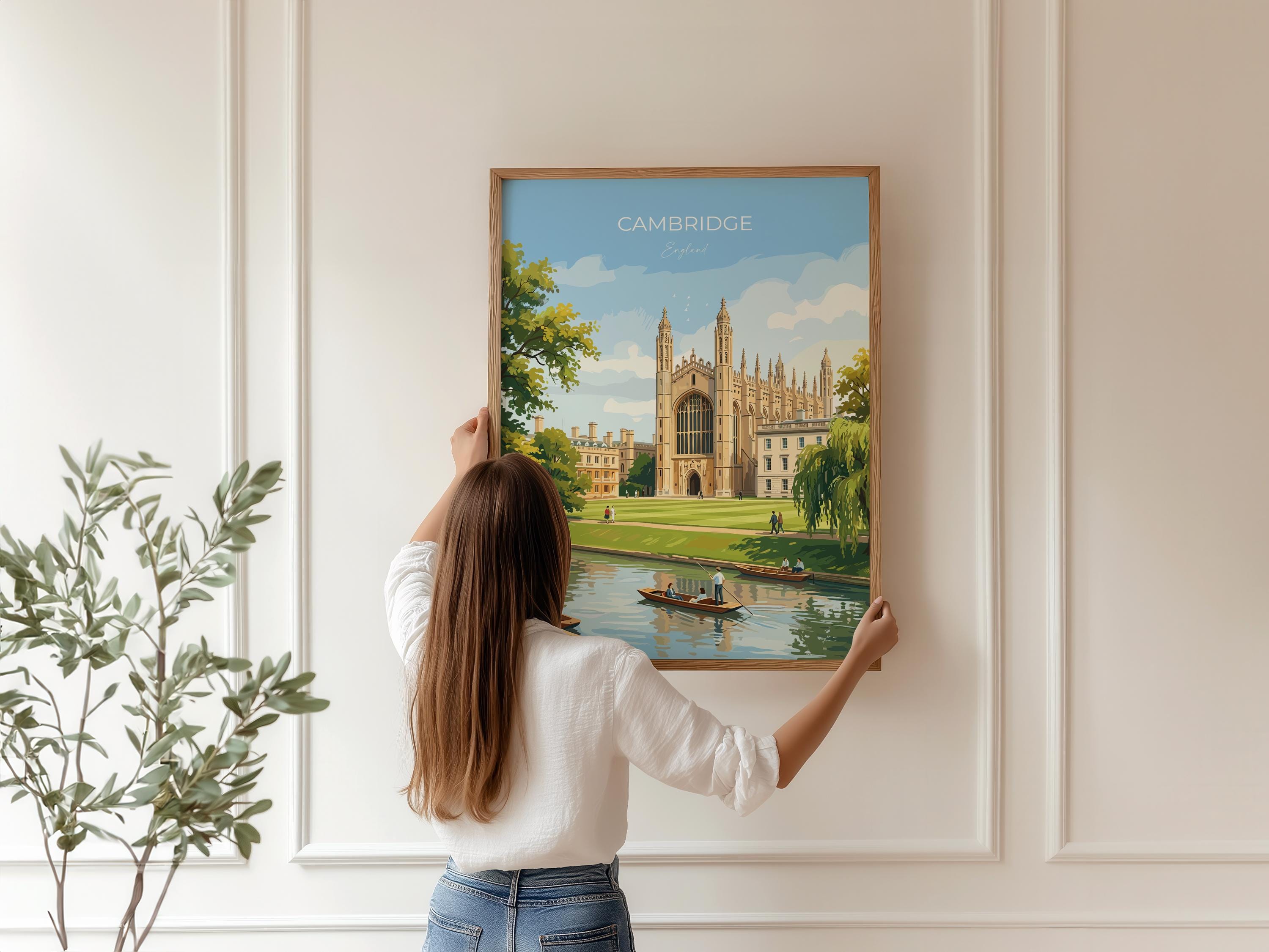 Cambridge Travel Print, Kings College Cambridge Wall Art, River Cam Punting Scene Poster, Historic University Illustration, City Style UK NQ Media Designs