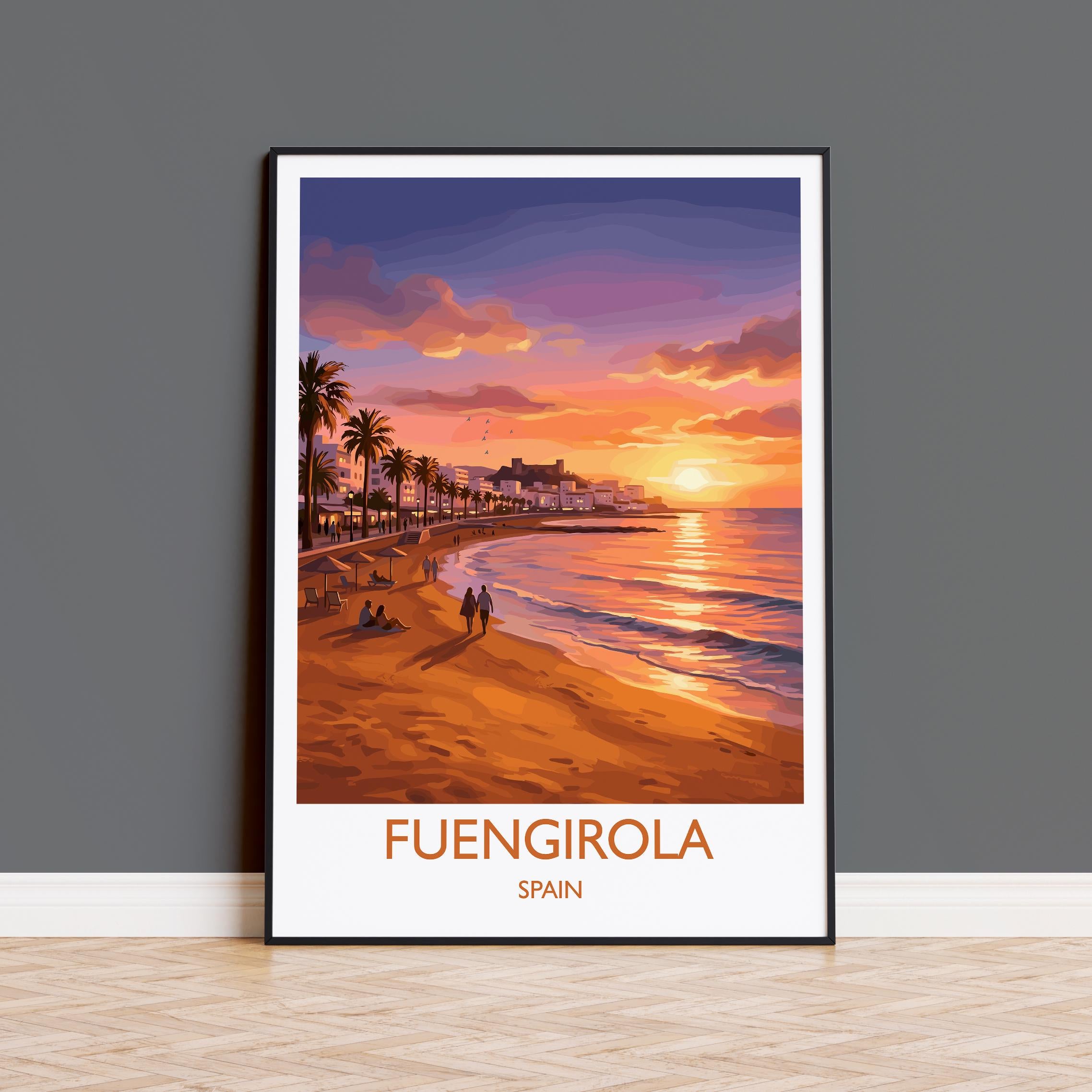 Fuengirola Spain Travel Poster, Costa del Sol Beach Wall Art, Sunset Promenade Print, Spanish Coastal Illustration, Holiday Decor
