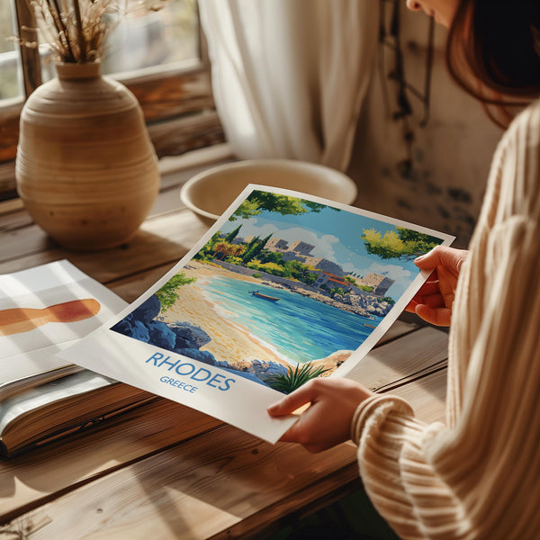 Rhodes Travel Print, Travel Poster of Rhodes, Greece Gift, Greek Islands Art Lovers Gift, Rhodes Wall Art Print