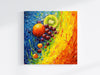 The image is a vibrant, abstract painting featuring a variety of fruits such as oranges, kiwis, and grapes, set against a colorful background.