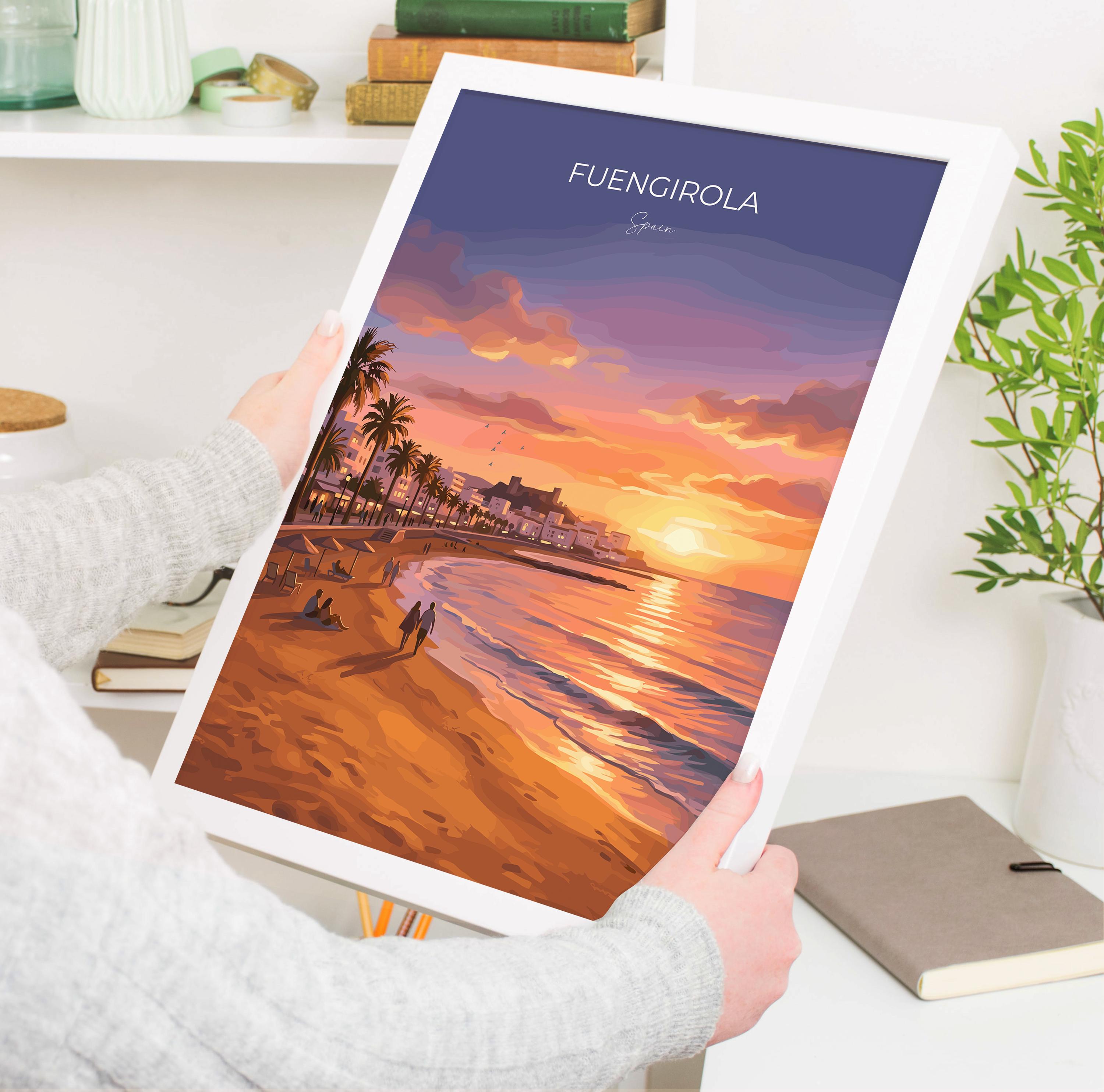 Fuengirola Spain Sunset Travel Print, Costa del Sol Beach Wall Art, Seaside Promenade Poster, Spanish Coastal Illustration, Holiday Decor