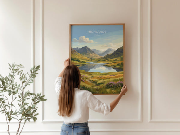 Scottish Highlands Travel Poster, Scotland Landscape Wall Art, Mountain & Loch Print, Dramatic Nature Illustration, UK Decor, Scotland Gift