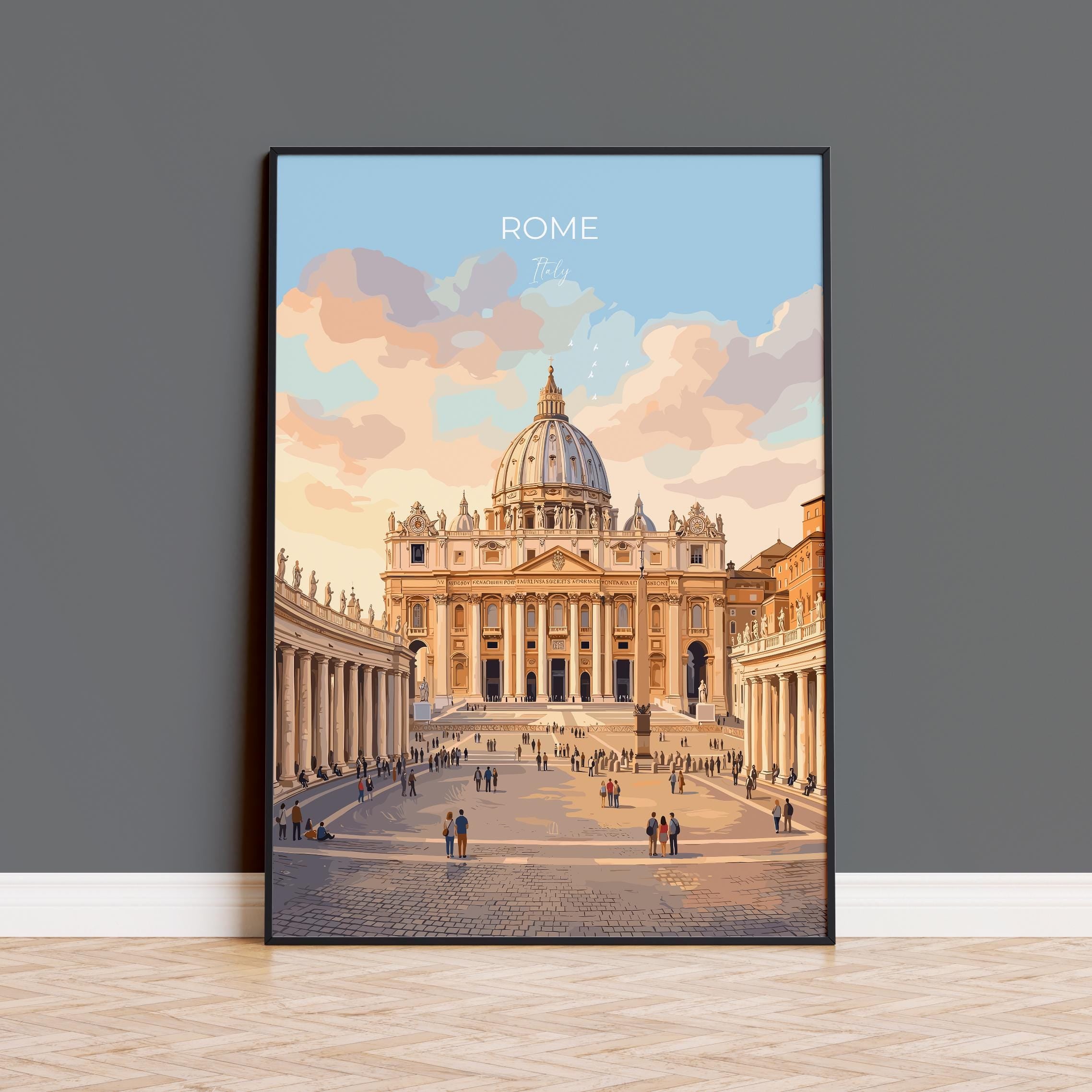 Rome St Peters Basilica Travel Print, Vatican Skyline Wall Art, Tiber River View Poster, Historic Cityscape Illustration, Italy Decor