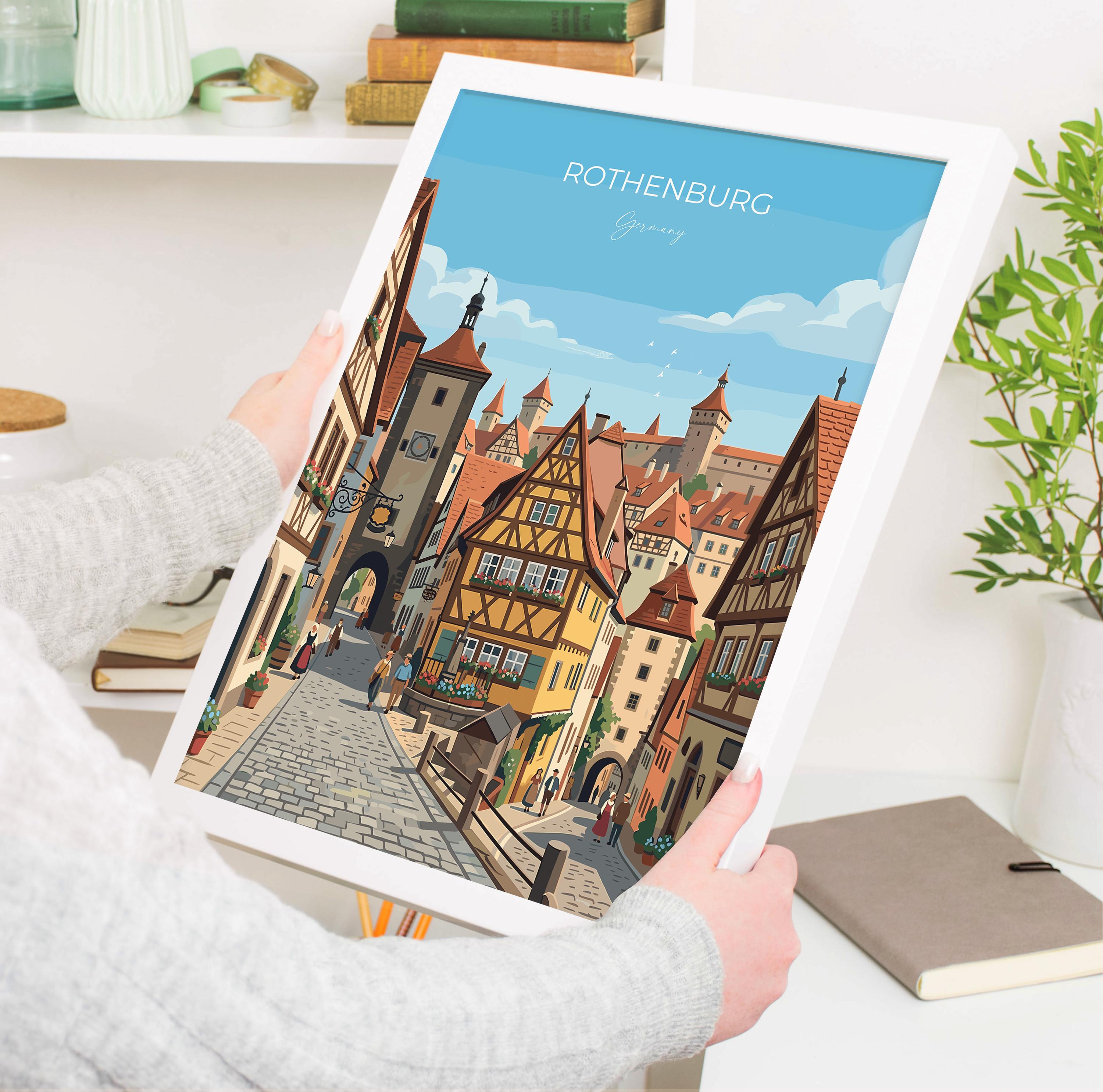 Rothenburg ob der Tauber Travel Poster, Medieval German Town Print, Bavaria Wall Art, Romantic Road Illustration, Germany Travel Decor NQ Media Designs