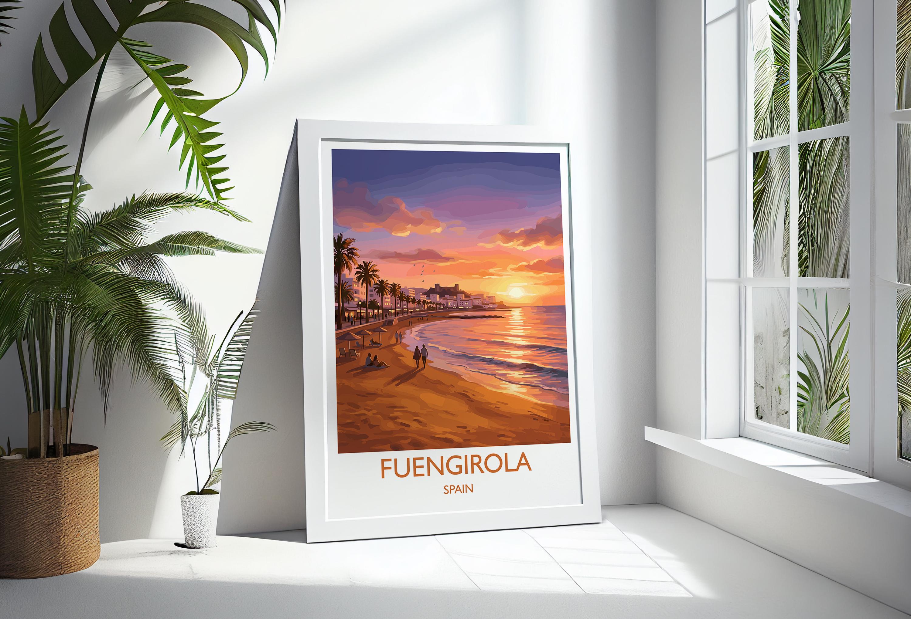 Fuengirola Spain Travel Poster, Costa del Sol Beach Wall Art, Sunset Promenade Print, Spanish Coastal Illustration, Holiday Decor