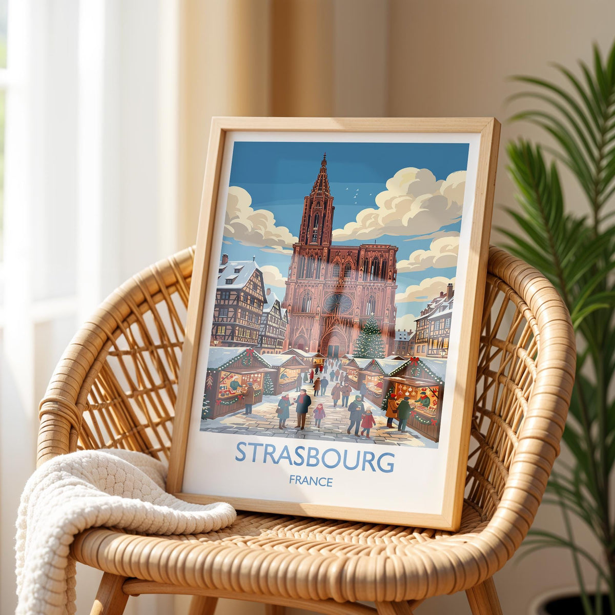Strasbourg Christmas Market Print, Alsace Winter Wall Art with Border, Petite France Poster, France Festive Travel Print, Strasbourg Gift