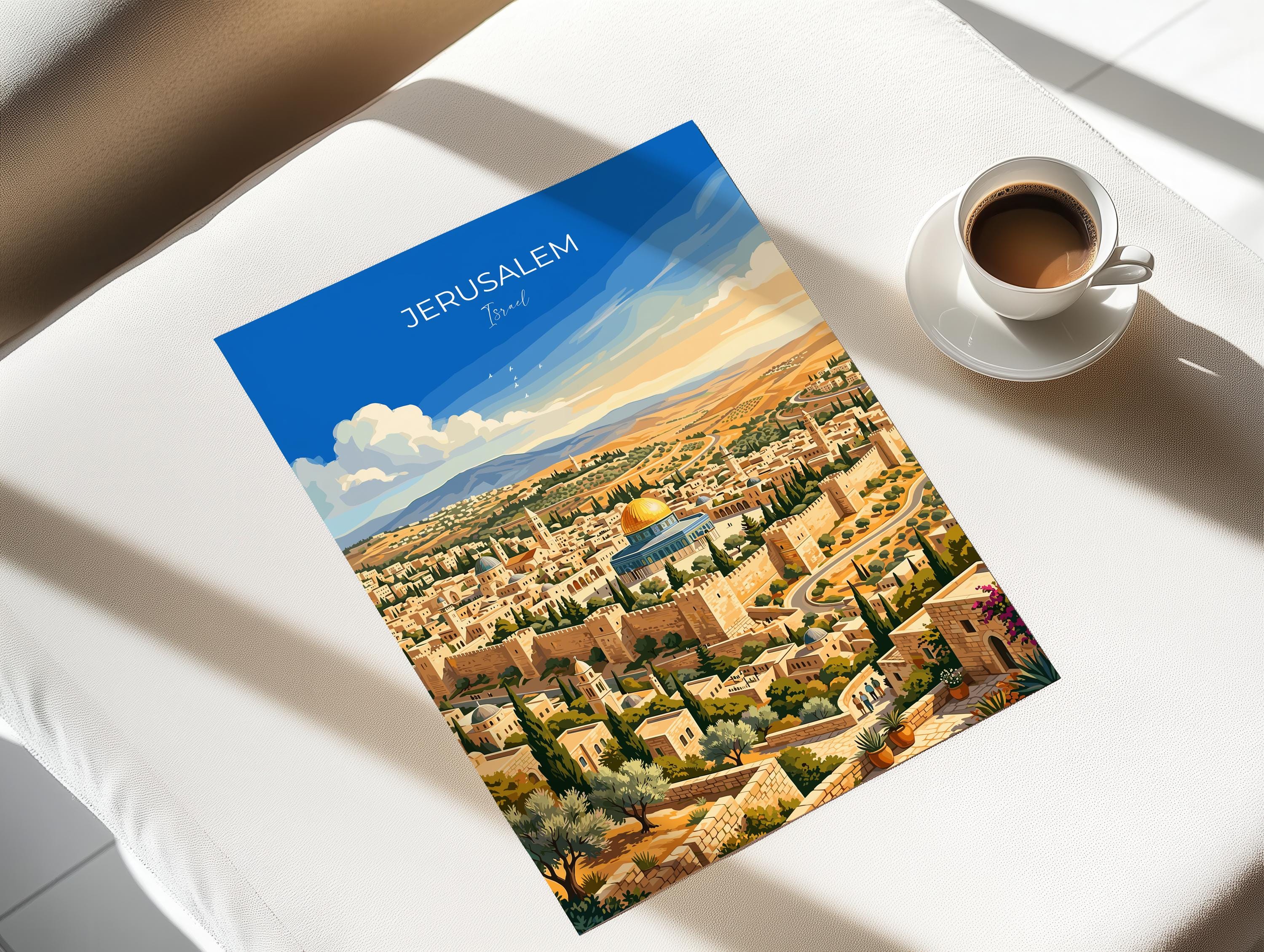 Jerusalem Israel Travel Print, Old City Wall Art, Dome of the Rock Poster, Jerusalem Skyline Illustration, Historic Middle East Decor