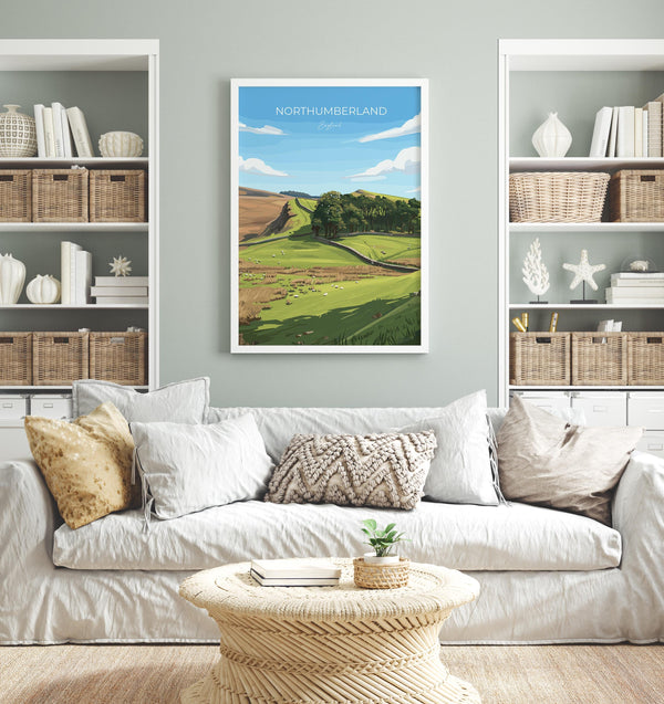 Northumberland Travel Poster, Travel Print of Northumberland Countryside, Hadrians Wall, England, Housesteads Fort Art, Wall Art Print