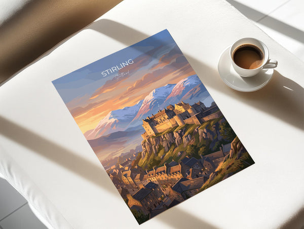 Stirling Castle Scotland Travel Print, Scottish Highlands Wall Art, Stirling Sunset Landscape Poster, Historic Castle Illustration, UK Decor
