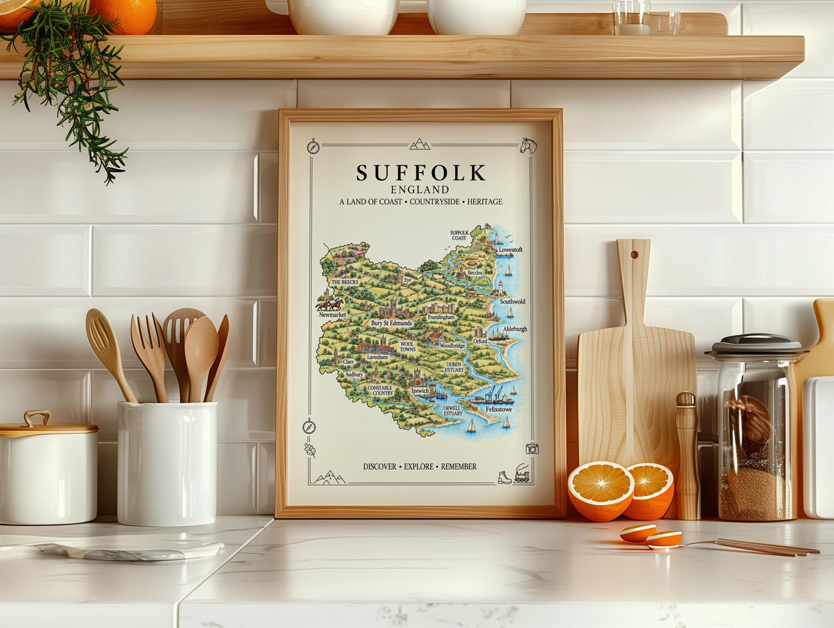 Suffolk Illustrated Map Print, England Wall Art, Suffolk Coast Map Poster, Framed or Canvas Print, Suffolk Gift