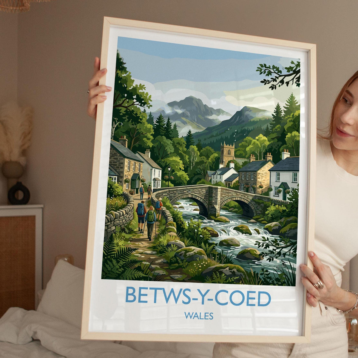 Betws-y-Coed Wales Travel Poster, Pont-y-Pair Bridge Wall Art, Snowdonia Print, Welsh Village & River, North Wales Travel Poster