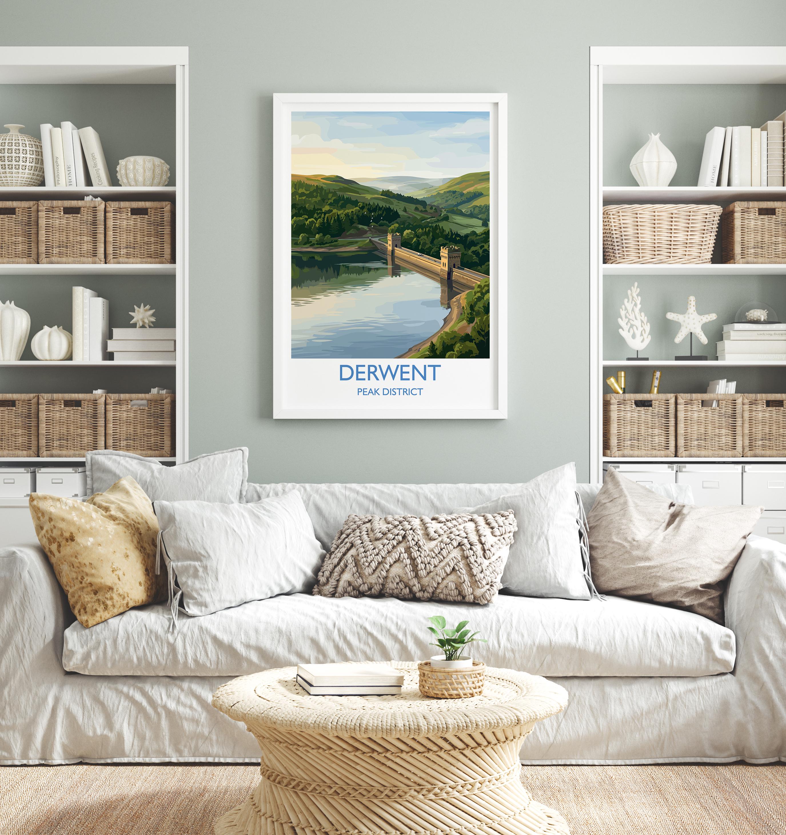Derwent Reservoir Dam Travel Poster, Peak District Wall Art, Ladybower Dam Print, Derbyshire Landscape Illustration, UK Nature Decor NQ Media Designs