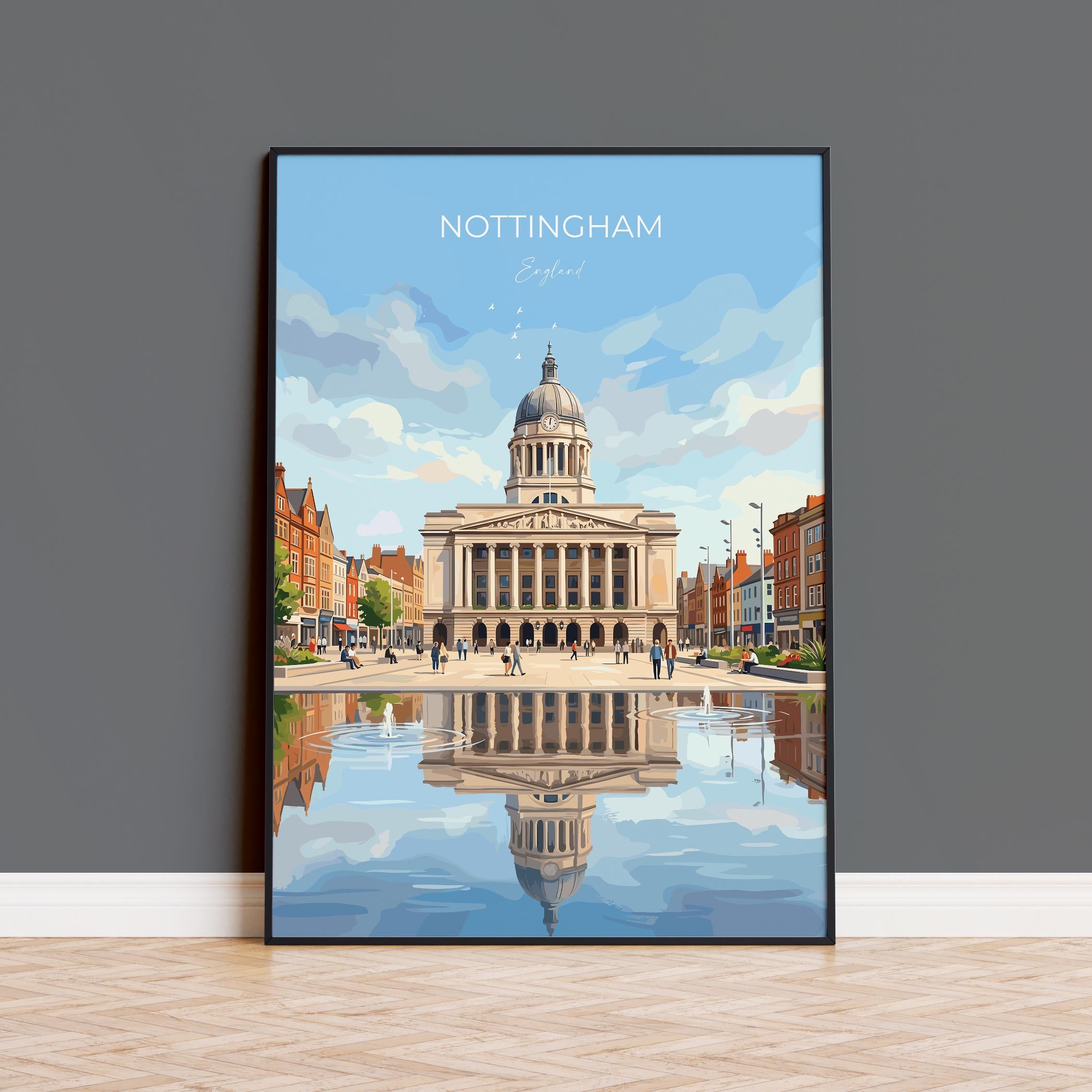 Nottingham Travel Print, Exchange Building Wall Art, Old Market Square Poster, Nottingham City Illustration, UK City Decor, Nottingham Gift