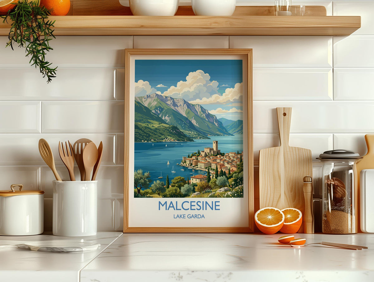Malcesine Print, Lake Garda Wall Art with Border, Scaliger Castle Poster, Italy Travel Print, Malcesine Gift Print