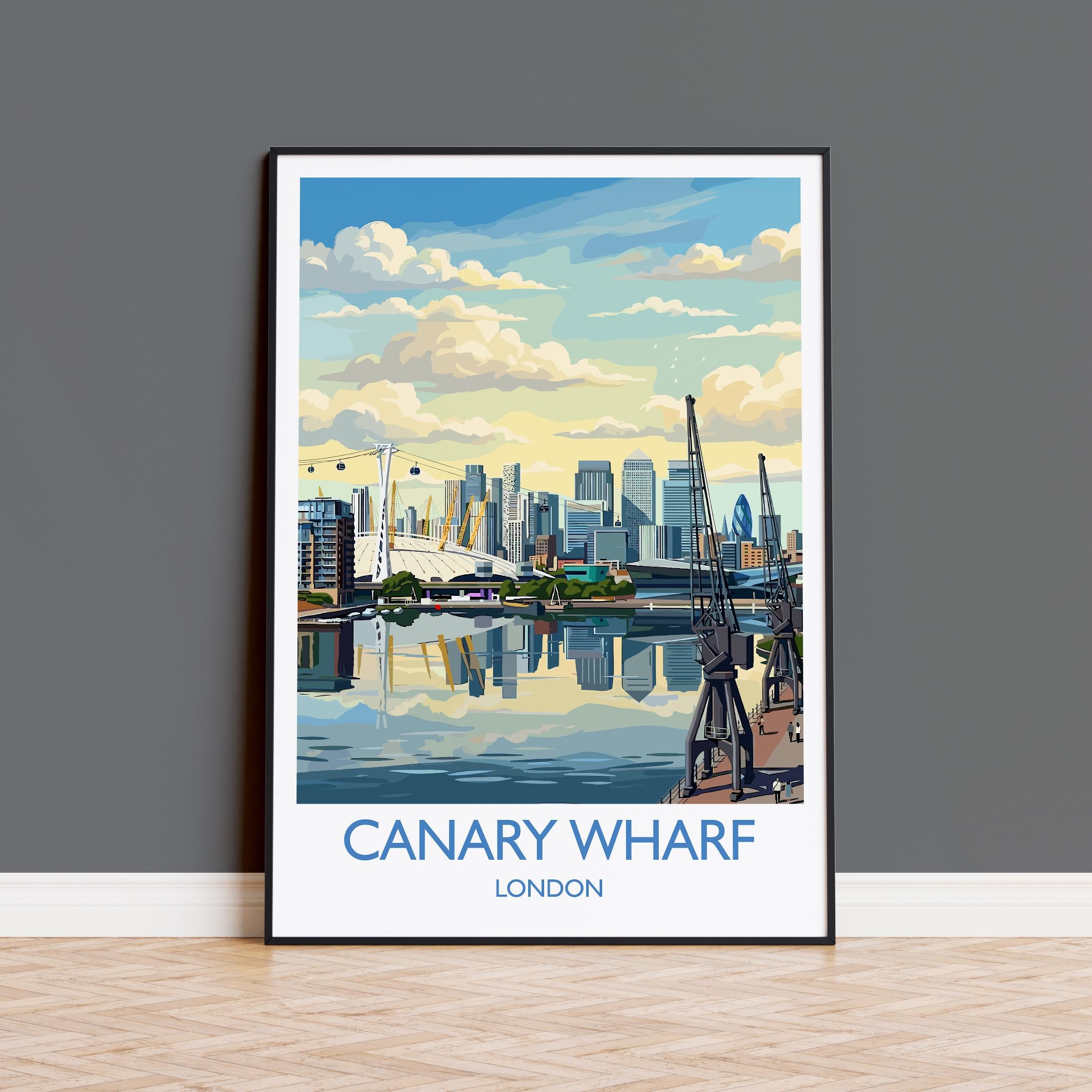 Canary Wharf London Travel Poster, Royal Victoria Dock Wall Art, London Skyline Print, O2 & Cable Car, East London Travel Poster