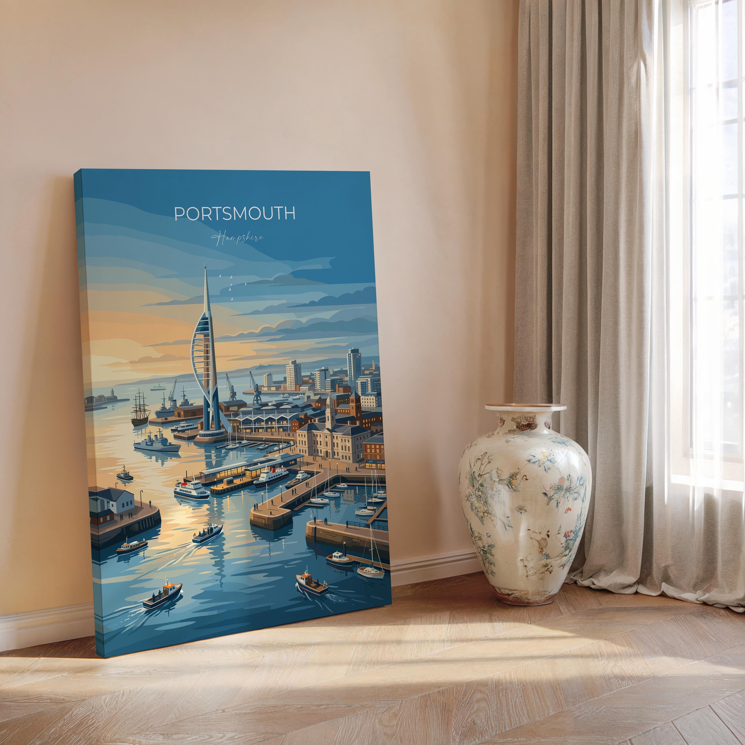 Portsmouth Travel Print Poster, Southsea & Spinnaker Tower Wall Art, Hampshire Coastal City Illustration, UK Travel Decor, Seaside Gift