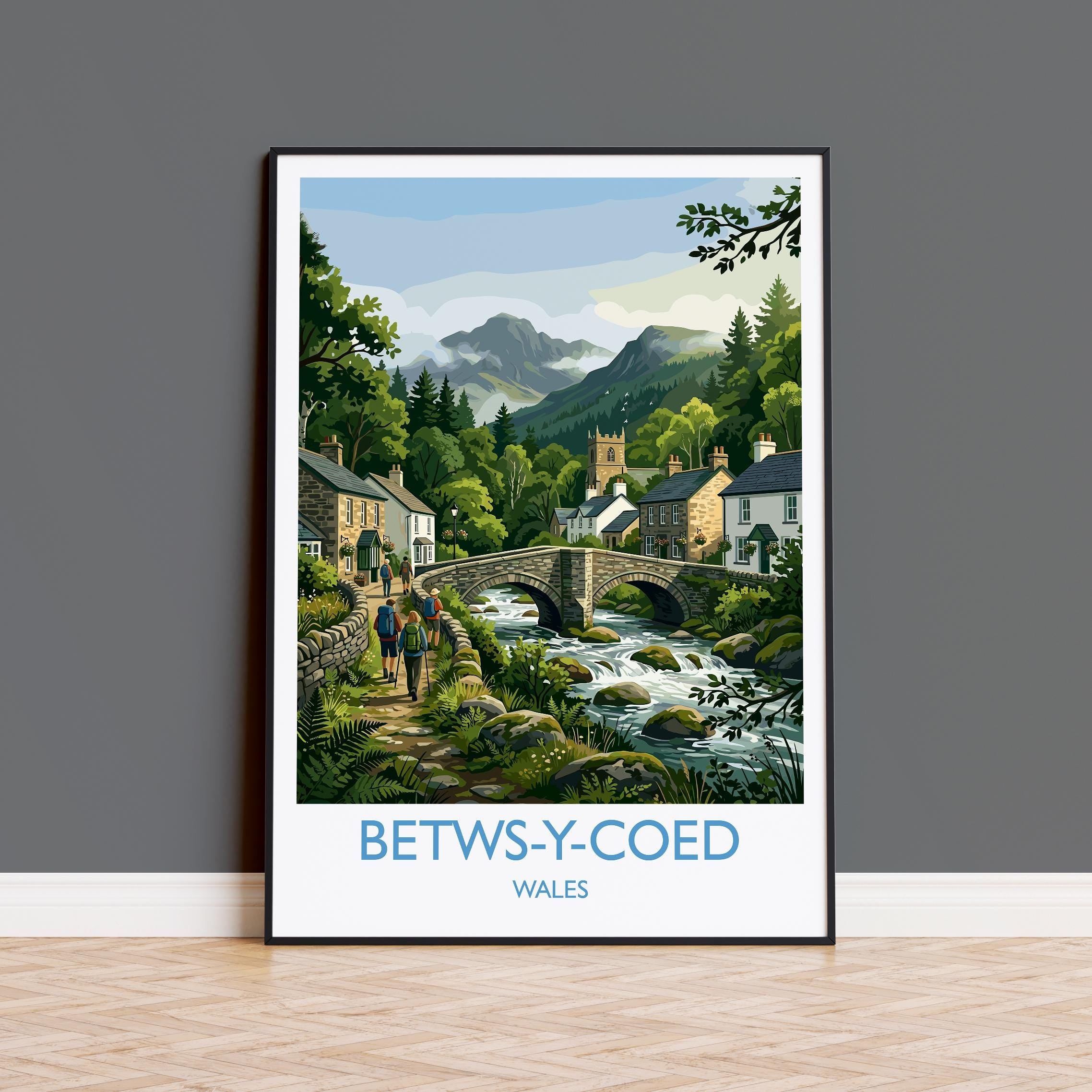 Betws-y-Coed Wales Travel Poster, Pont-y-Pair Bridge Wall Art, Snowdonia Print, Welsh Village & River, North Wales Travel Poster