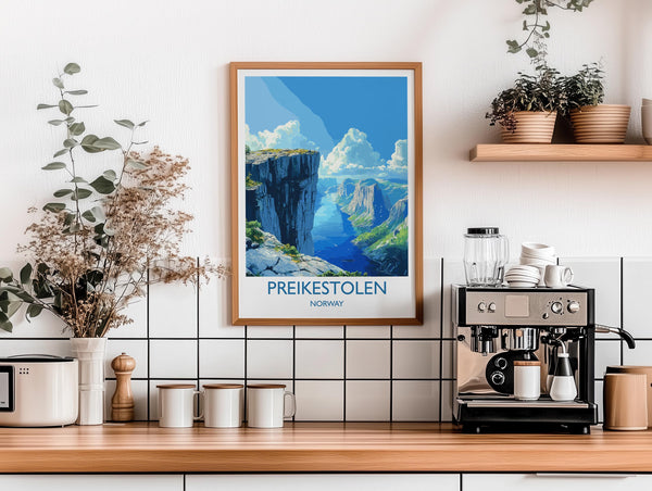 Preikestolen Travel Print, Travel Poster of Fjords, Norway Poster, Preikestolen Art Gift, Norway Art Lovers Travel Gift