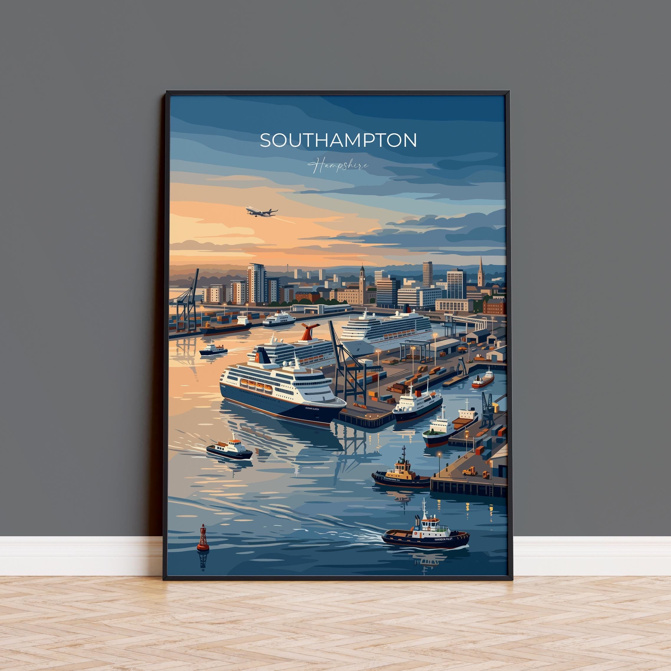 Southampton Port Travel Print, Southampton Docks Wall Art, Cruise Ship Harbour Poster, Historic Port Illustration, UK Coastal Decor