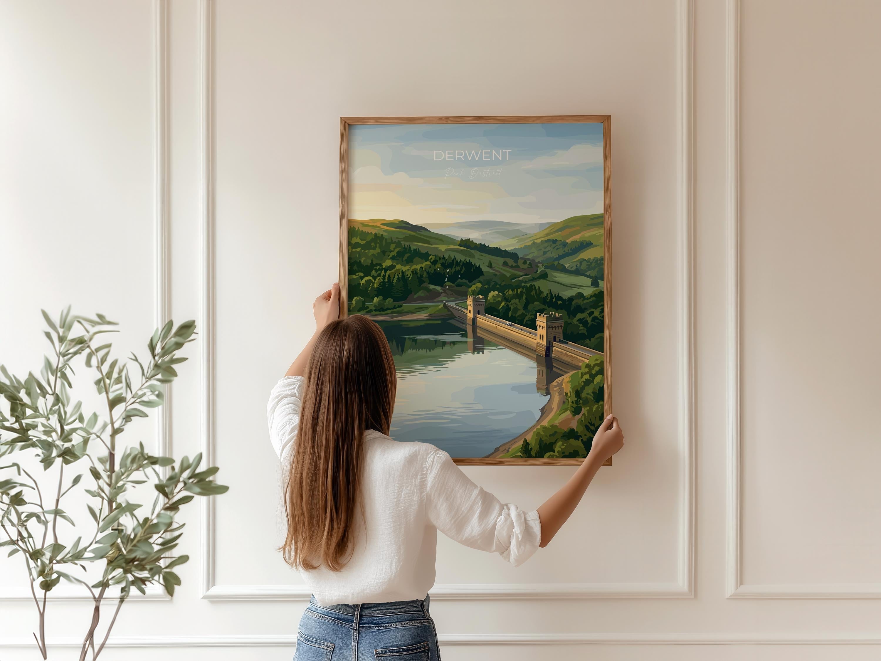 Derwent Reservoir Dam Travel Print, Peak District Wall Art, Ladybower Dam Poster, Derbyshire Landscape Illustration, UK Nature Decor NQ Media Designs