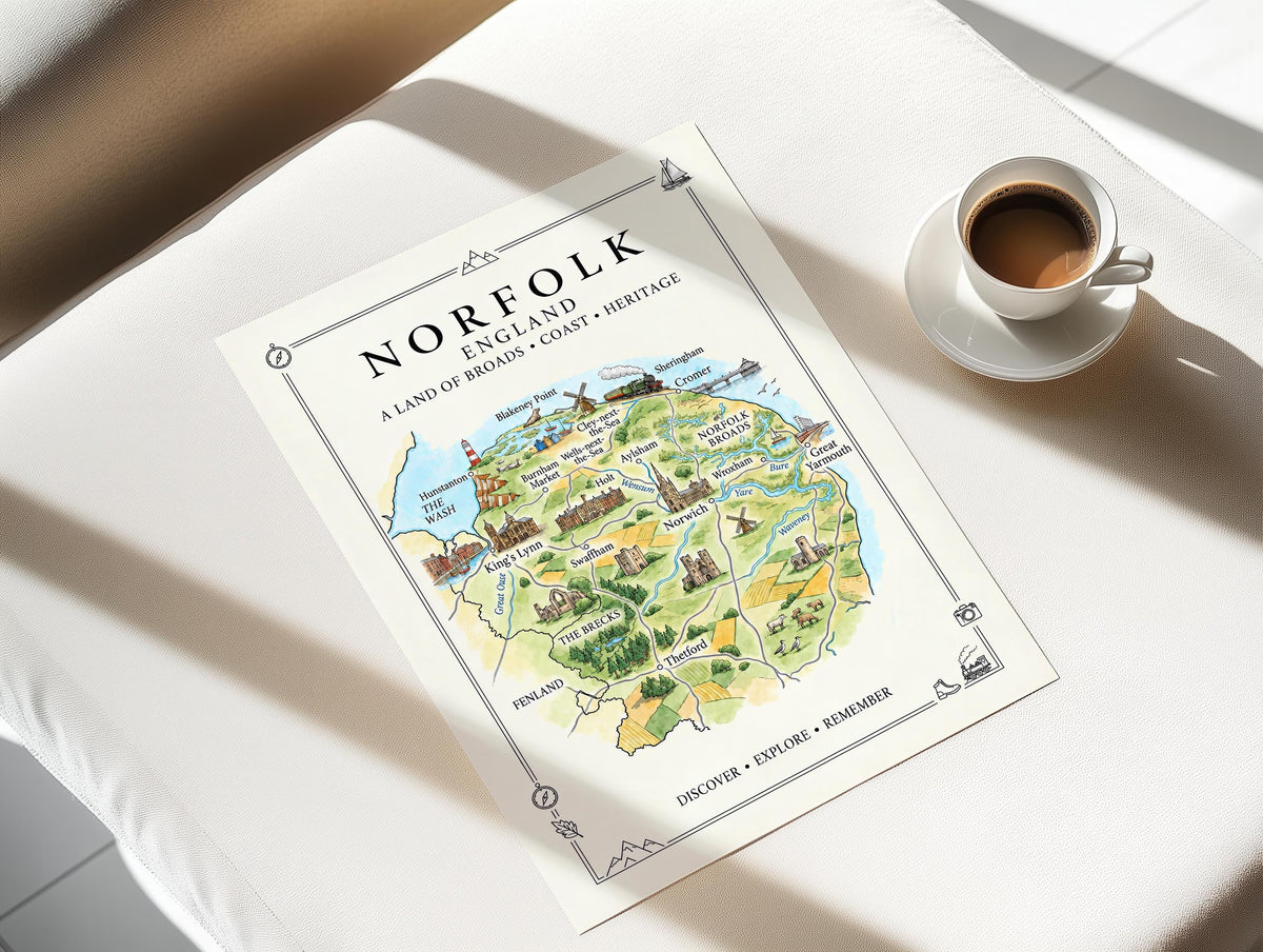 Norfolk Illustrated Map Print, England Wall Art, Norfolk Broads Map Poster, Framed or Canvas Print, Norfolk Gift