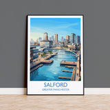 Salford Quays Travel Poster, Salford Manchester Wall Art, MediaCityUK Waterfront Print, Modern Skyline Illustration, Vintage Style UK Decor
