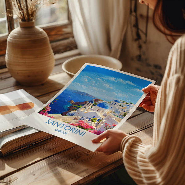 Santorini Travel Print, Travel Poster of Santorini, Greece Gift, Greek Islands Art Lovers Gift, Crete Gift Art, Wall Art Print