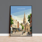 Chichester Cathedral Travel Print, Chichester High Street Clock Tower Wall Art, West Sussex City Poster, Historic England, Vintage Style UK