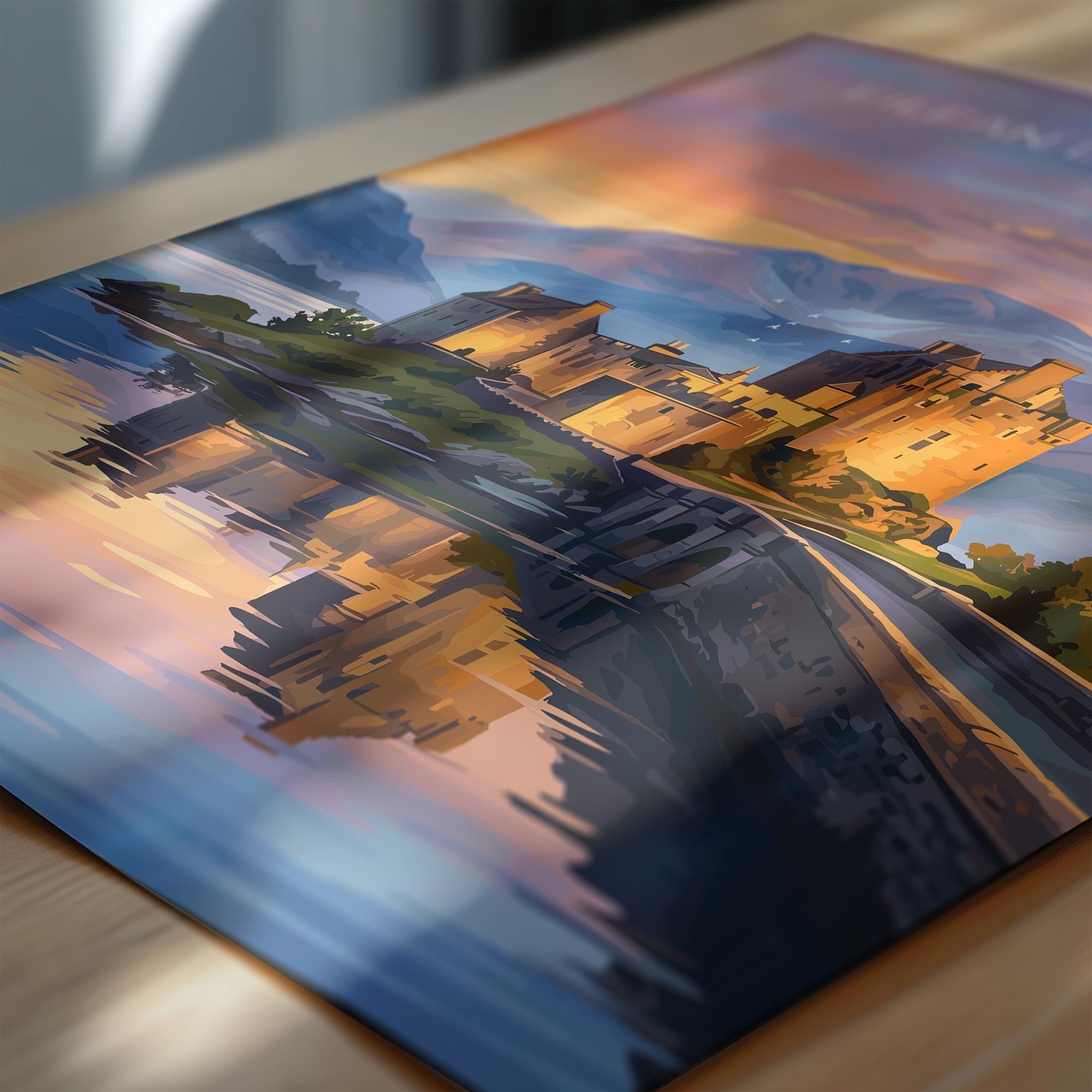 Eilean Donan Castle Scotland Travel Print, Scottish Highlands Castle Wall Art, Sunset Landscape Poster, Iconic Scotland Illustration