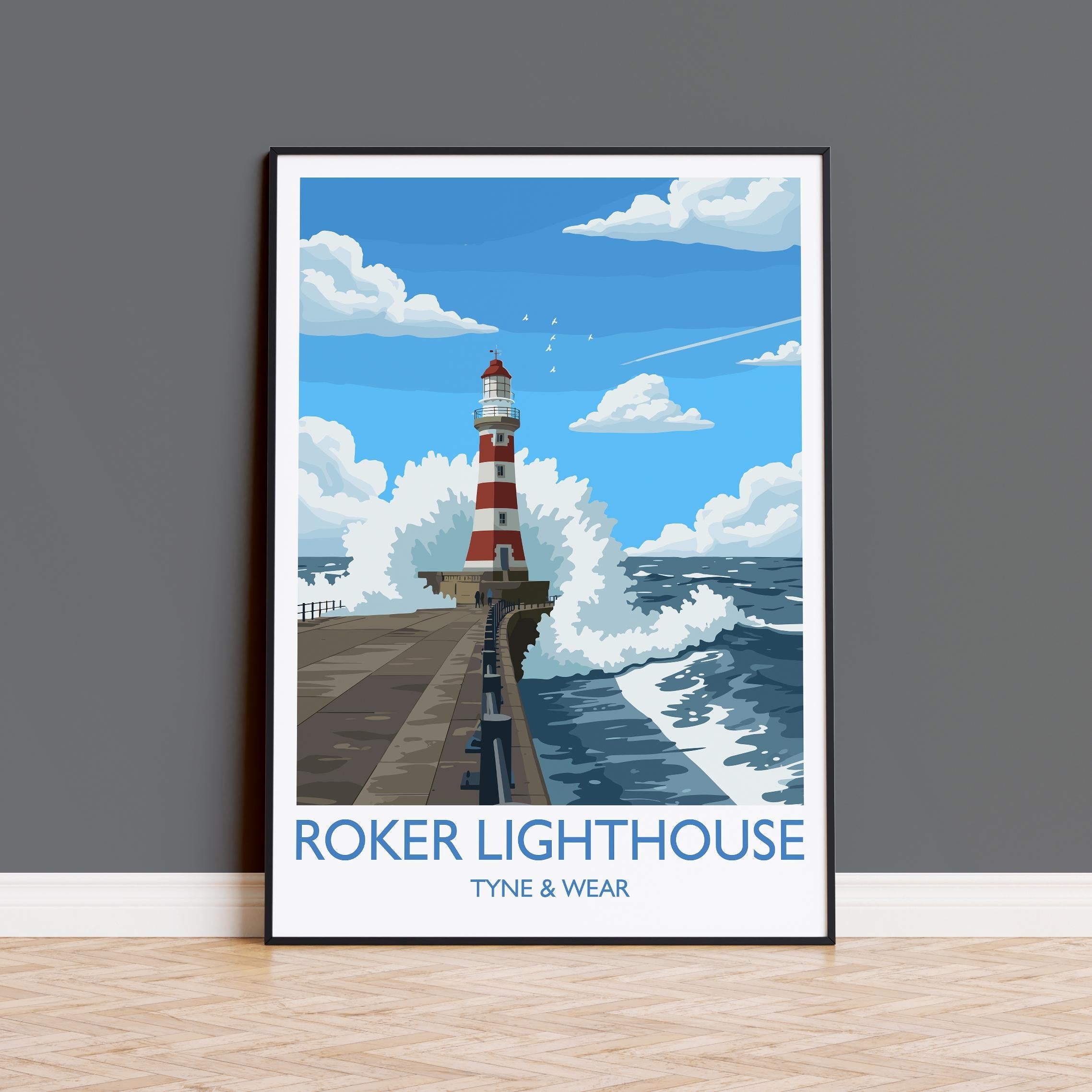 Roker Lighthouse Travel Print Wall Art, Travel Poster of Roker Pier Lighthouse, Sunderland, Northern England, Tyne & Wear Art Gift NQ Media Designs