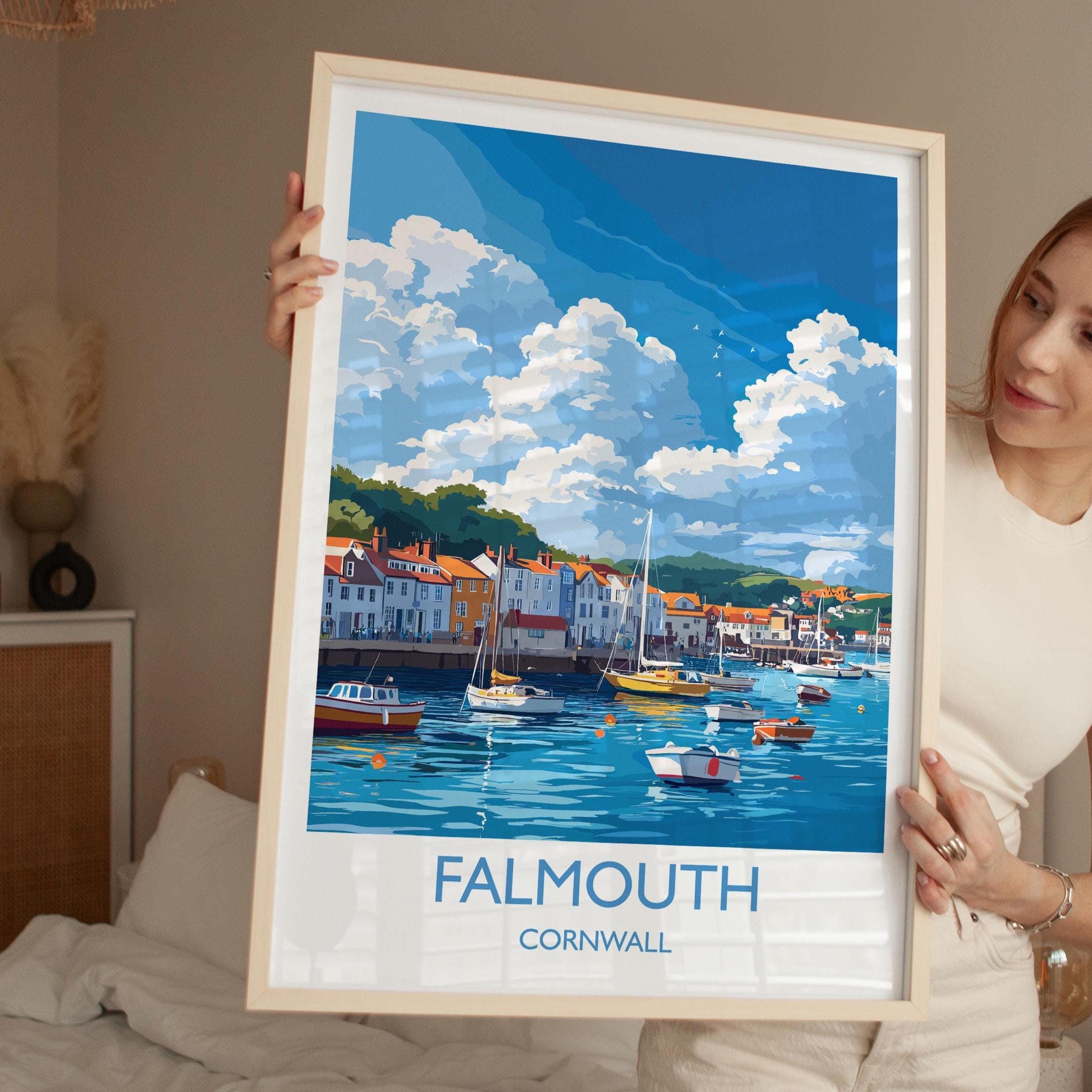 Falmouth Travel Print, Travel Poster of Falmouth, England, Cornwall Art, Falmouth Art Lovers Gift, Wall Art Print NQ Media Designs