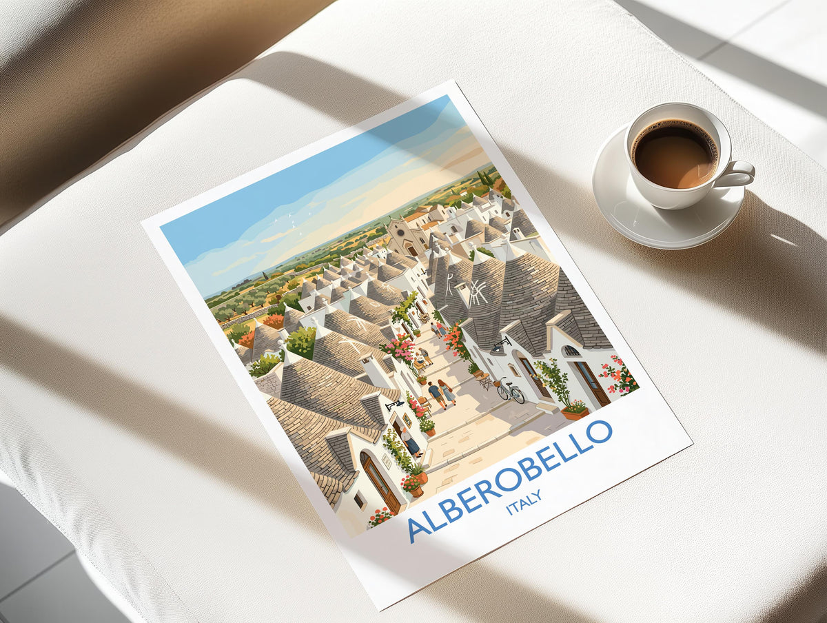 Alberobello Italy Print, Trulli Houses Wall Art with Border, Puglia Village Poster, Italian Travel Print, Alberobello Gift Print