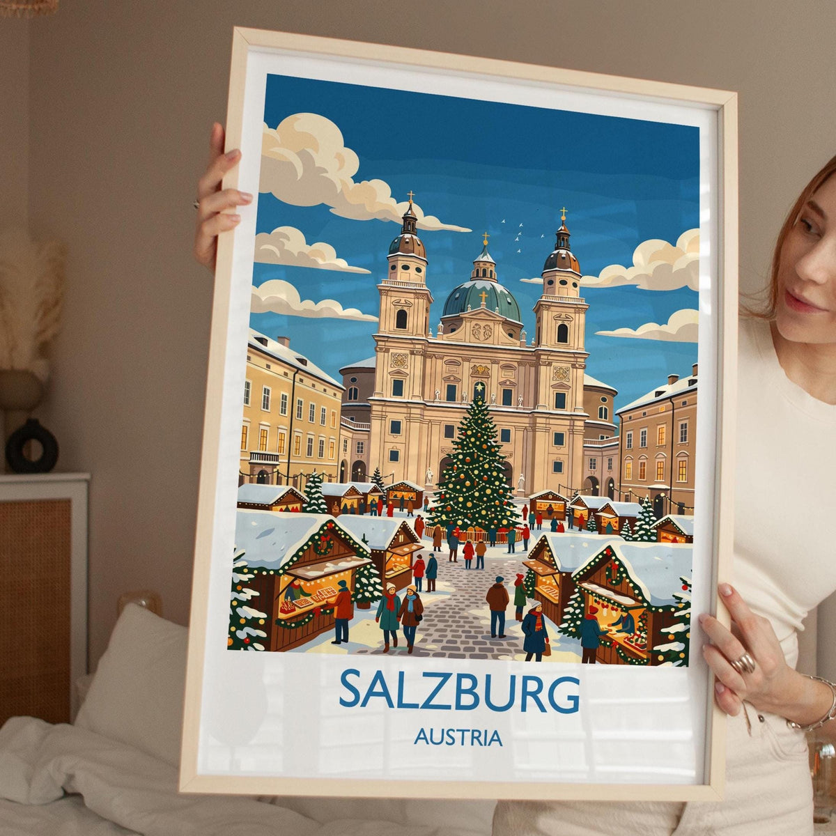 Salzburg Christmas Market Print, Austria Winter Wall Art with Border, Salzburg Cathedral Poster, Austrian Travel Print, Salzburg Gift